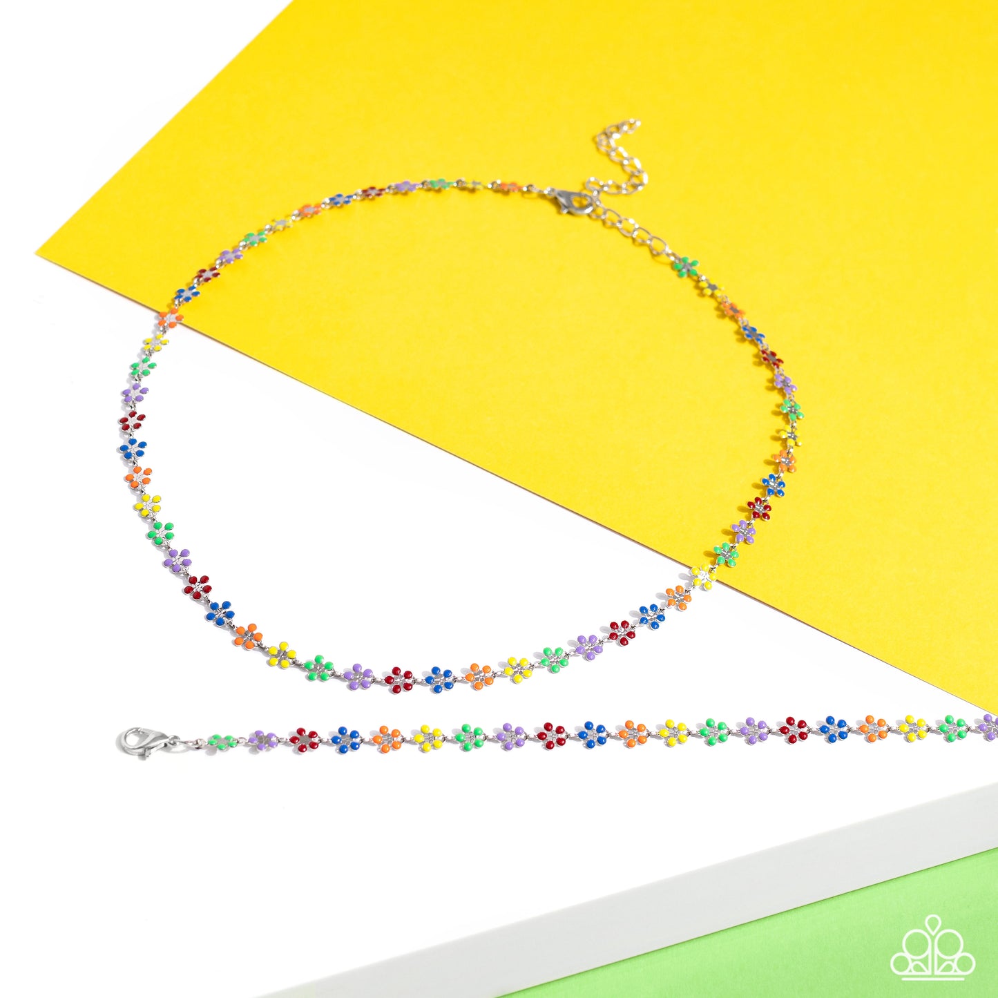 Paparazzi Accessories Courting Flowers - Multi Dotted with dainty silver flower centers, colorful petaled flowers link around the wrist for a colorfully seasonal look. Features an adjustable clasp closure. Sold as one individual bracelet. Get The Complete