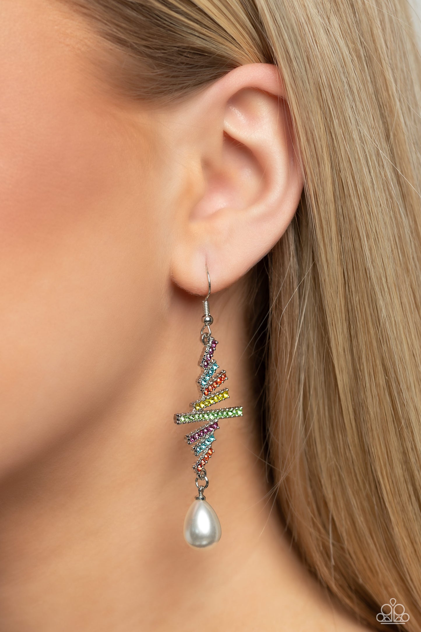 Paparazzi Accessories Timeless Tapestry - Multi Encrusted with dainty pink, blue, yellow, orange, and green rhinestones, silver horizontal bars of varying sizes stack down the ear in a whimsical array. Dangling at the bottom of the staggered display, an e