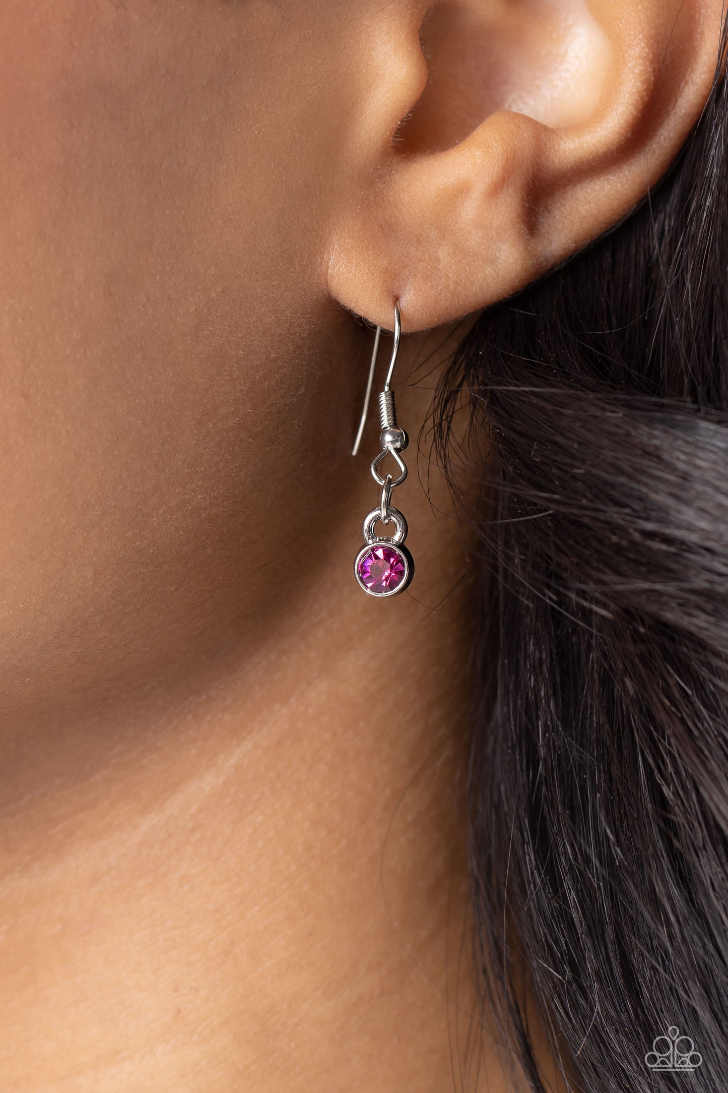 Paparazzi Accessories Emerald Energy - Multi An oversized, fuchsia emerald-cut gem is bordered by a frame of neon Love Bird, creating a bright pendant that swings from the bottom of a silver snake chain. Features an adjustable clasp closure. Sold as one i