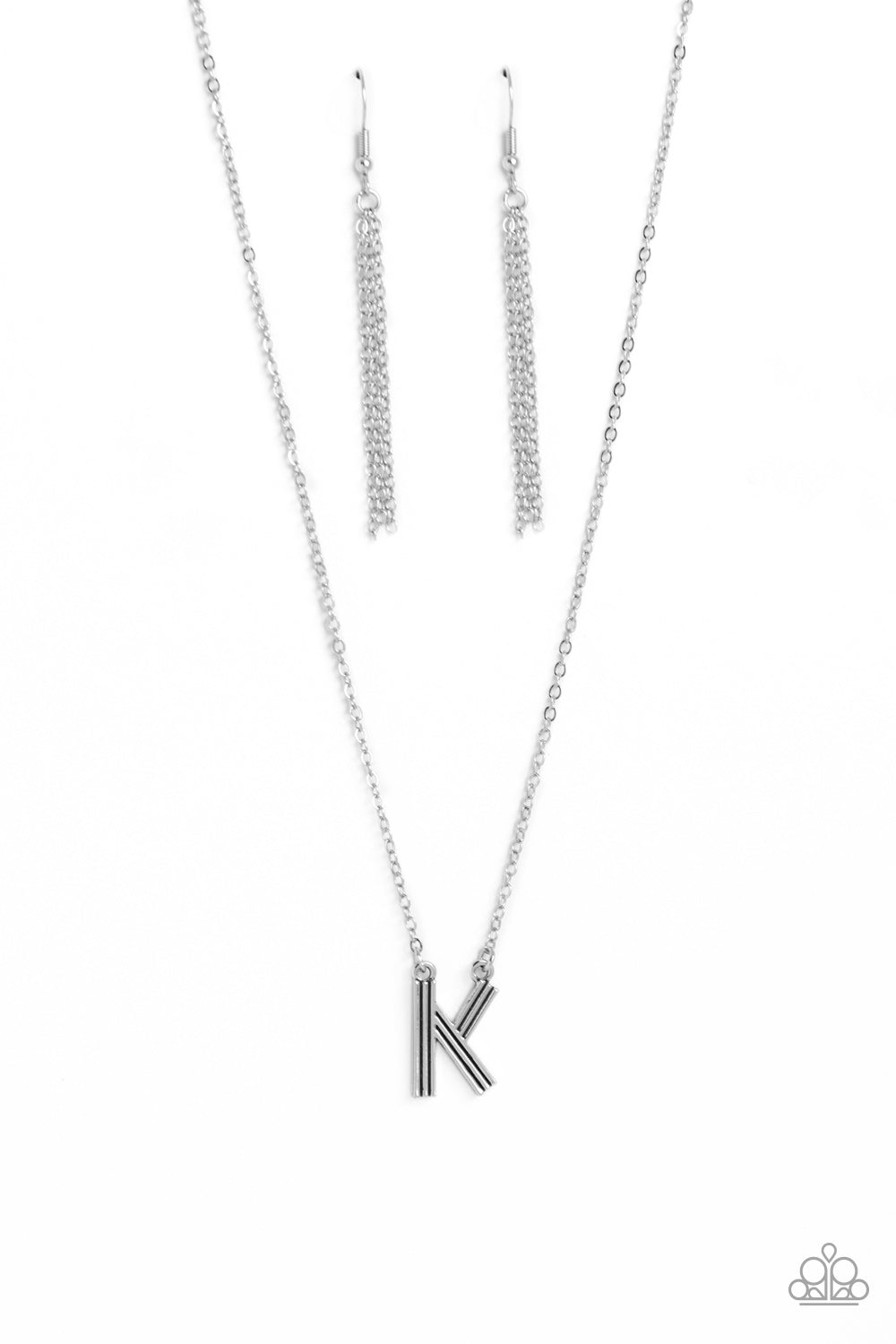 Paparazzi Accessories Leave Your Initials - Silver - K Etched in linear texture, a silver letter "K" hovers below the collar from a dainty silver chain, for a sentimentally simple design. Features an adjustable clasp closure. Sold as one individual neckla