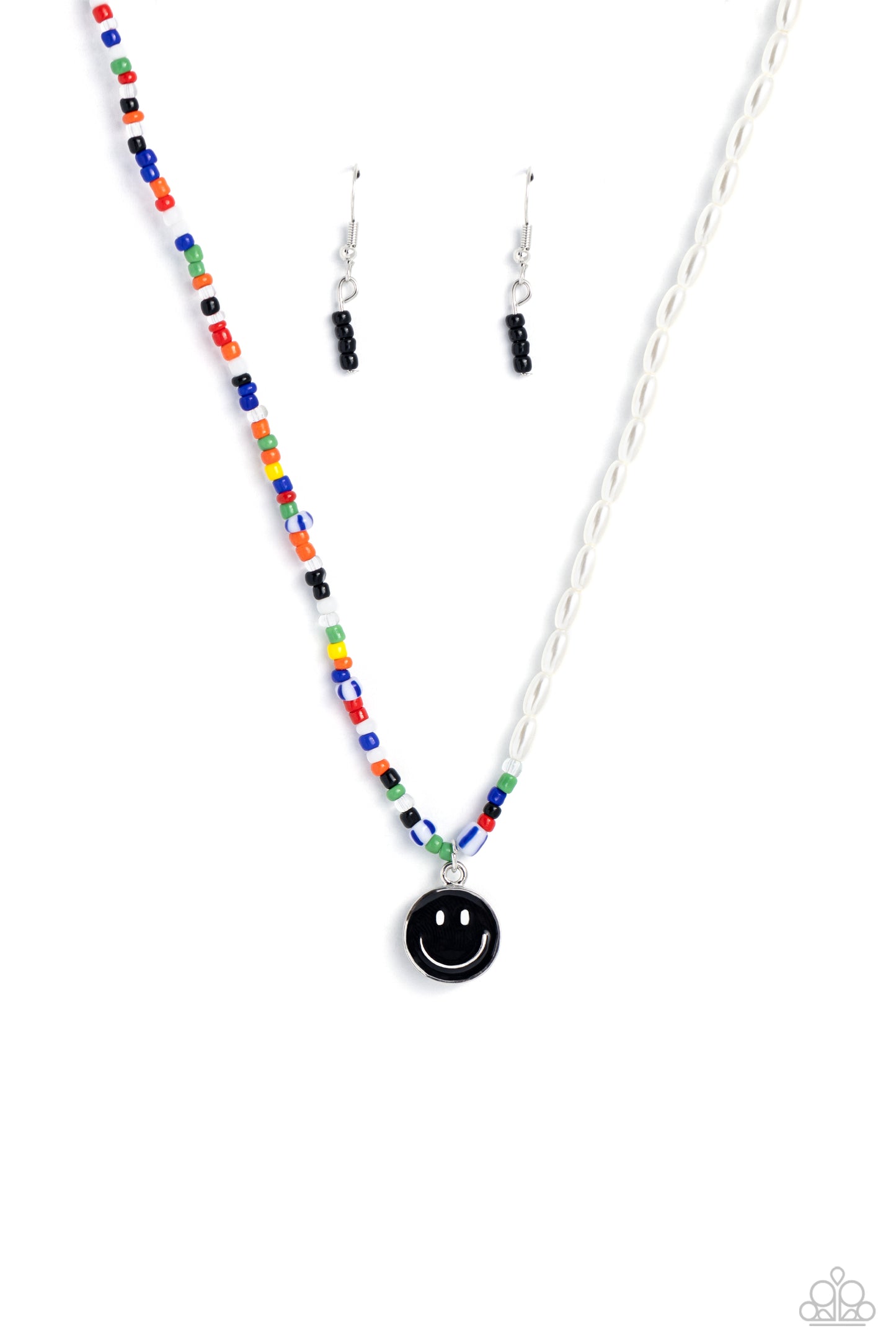 Paparazzi Accessories Smiling Showdown - Black A strand of gleaming half pearl beads combines with seed beads in colorful shades for a youthful design along the collar. A black smiley face disc hangs from the colorfully classic display for additional char