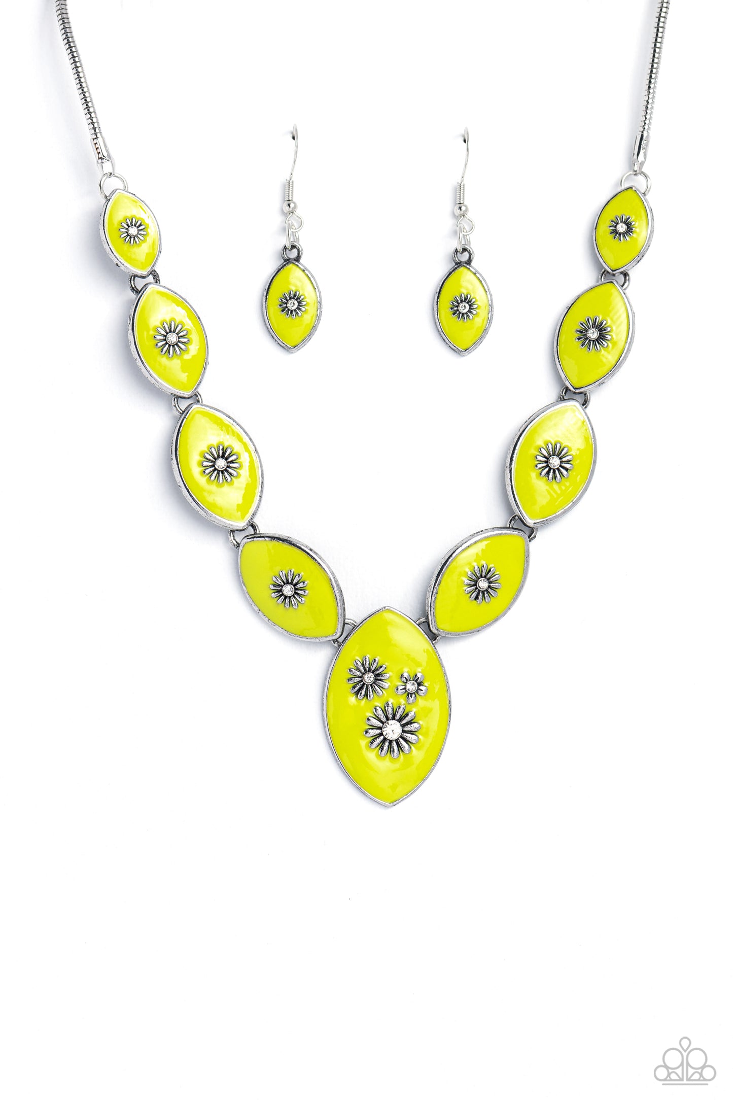Paparazzi Accessories Pressed Flowers - Green Featuring vibrant Love Bird paint, a collection of silver marquise-shaped frames gradually increase in size as they taper below the collar in a timeless fashion on a silver snake chain. Each frame is embossed