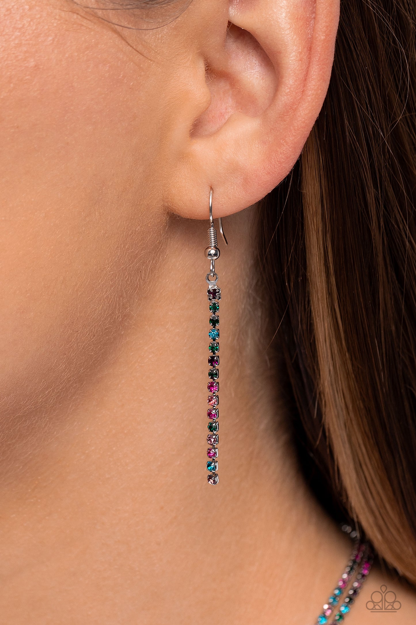 Paparazzi Accessories Jazz STRANDS - Multi Featuring sleek square fittings, two strands of glittery, dainty multicolored rhinestones connect down the chest for a refined centerpiece. The interconnected rows delicately give way to freefalling multicolored