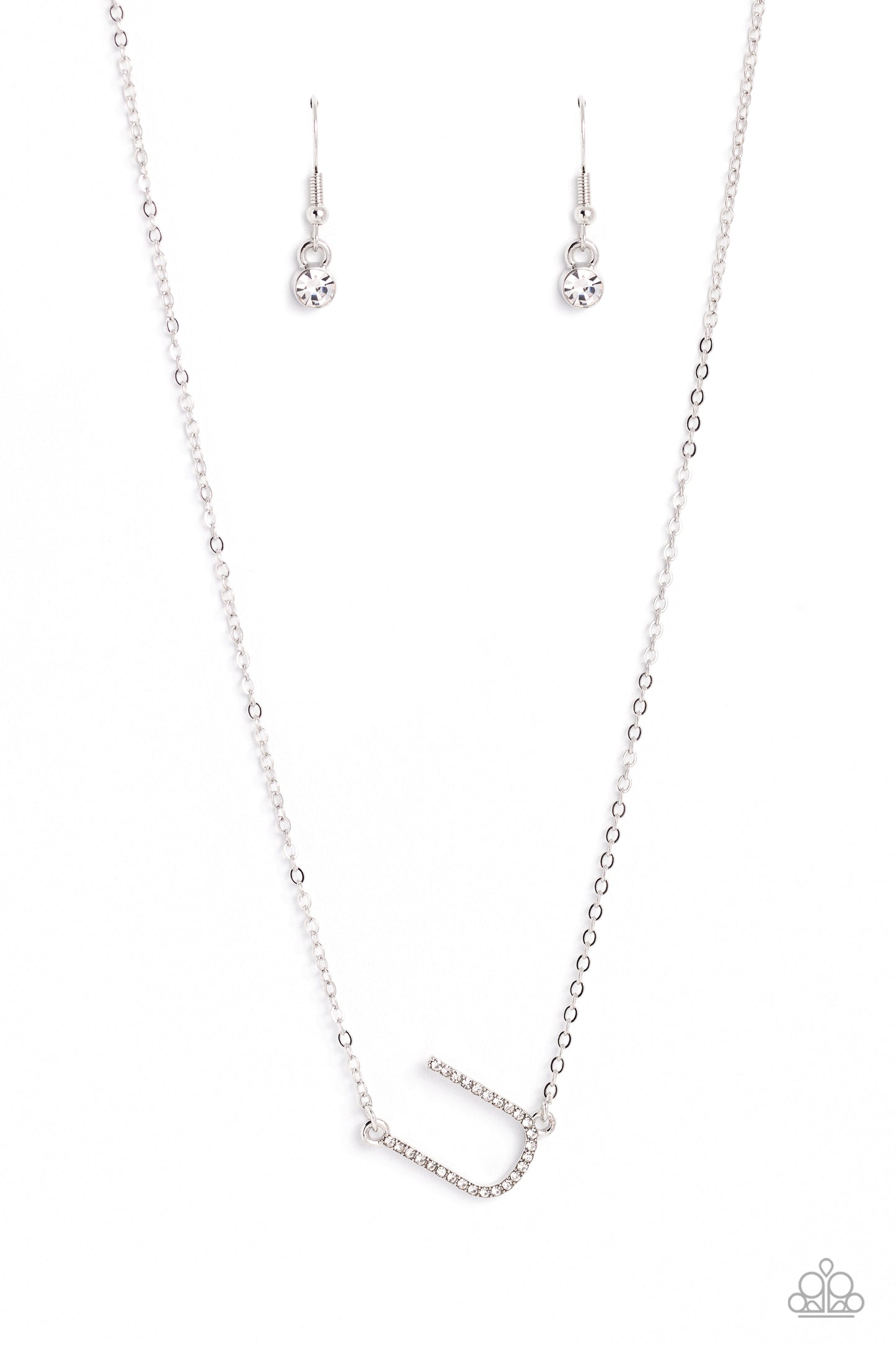 Paparazzi Accessories INITIALLY Yours - U - White Embossed with dainty white rhinestones, a silver letter "U" hovers below the collar from a dainty silver chain, for a sentimentally simple design. Features an adjustable clasp closure. Sold as one individu