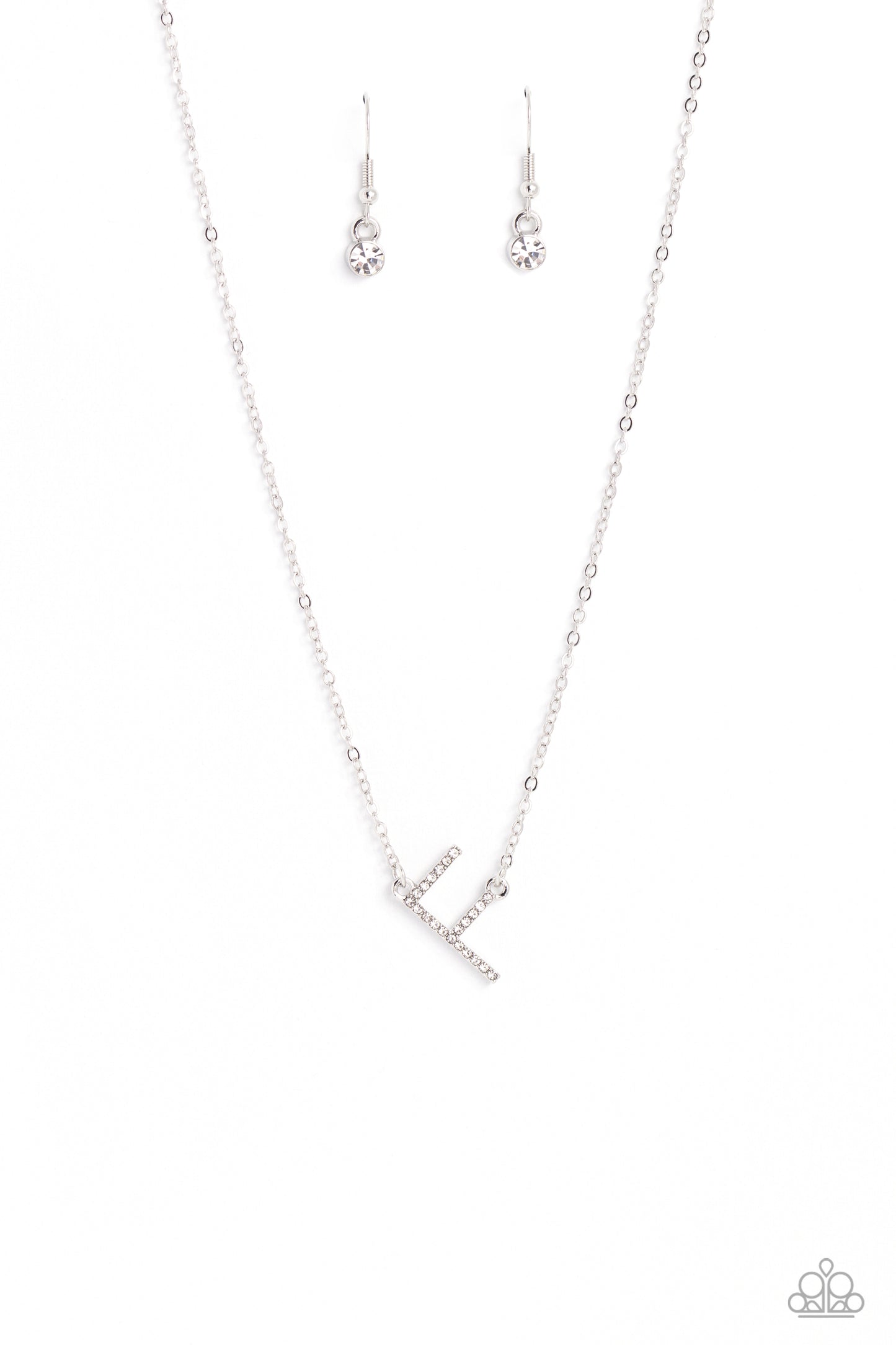 Paparazzi Accessories INITIALLY Yours - F - White Embossed with dainty white rhinestones, a silver letter "F" hovers below the collar from a dainty silver chain, for a sentimentally simple design. Features an adjustable clasp closure. Sold as one individu