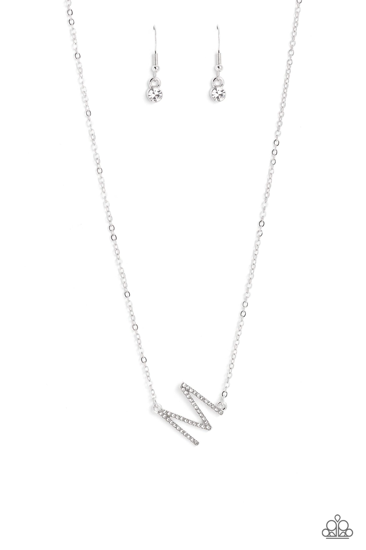 Paparazzi Accessories INITIALLY Yours - M - White Embossed with dainty white rhinestones, a silver letter "M" hovers below the collar from a dainty silver chain, for a sentimentally simple design. Features an adjustable clasp closure. Sold as one individu