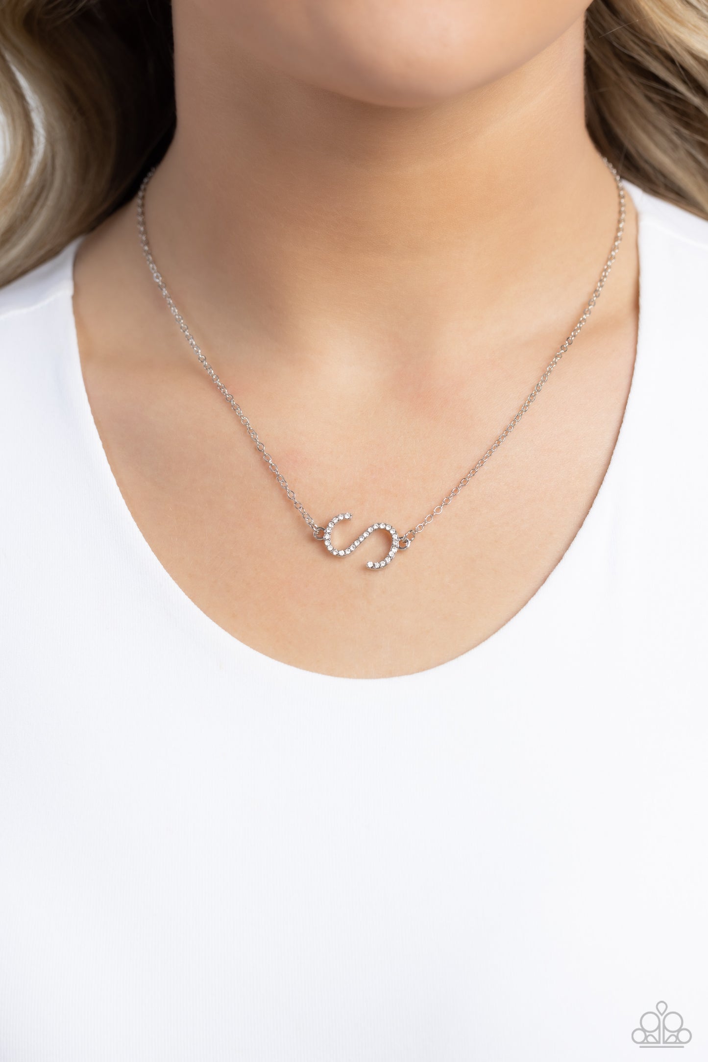 Paparazzi Accessories INITIALLY Yours - S - White Embossed with dainty white rhinestones, a silver letter "S" hovers below the collar from a dainty silver chain, for a sentimentally simple design. Features an adjustable clasp closure. Sold as one individu