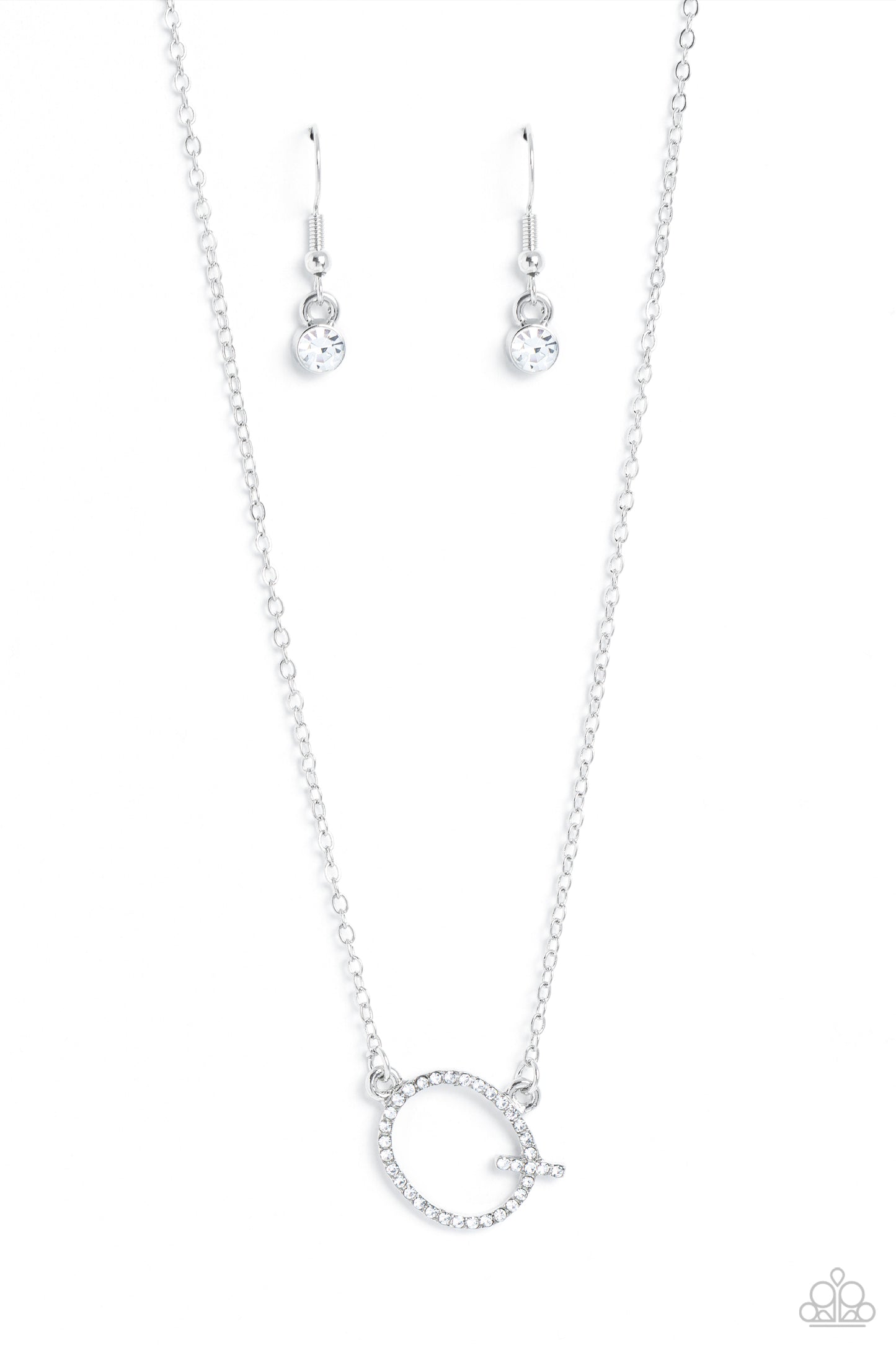 Paparazzi Accessories INITIALLY Yours - Q - White Embossed with dainty white rhinestones, a silver letter "Q" hovers below the collar from a dainty silver chain, for a sentimentally simple design. Features an adjustable clasp closure. Sold as one individu