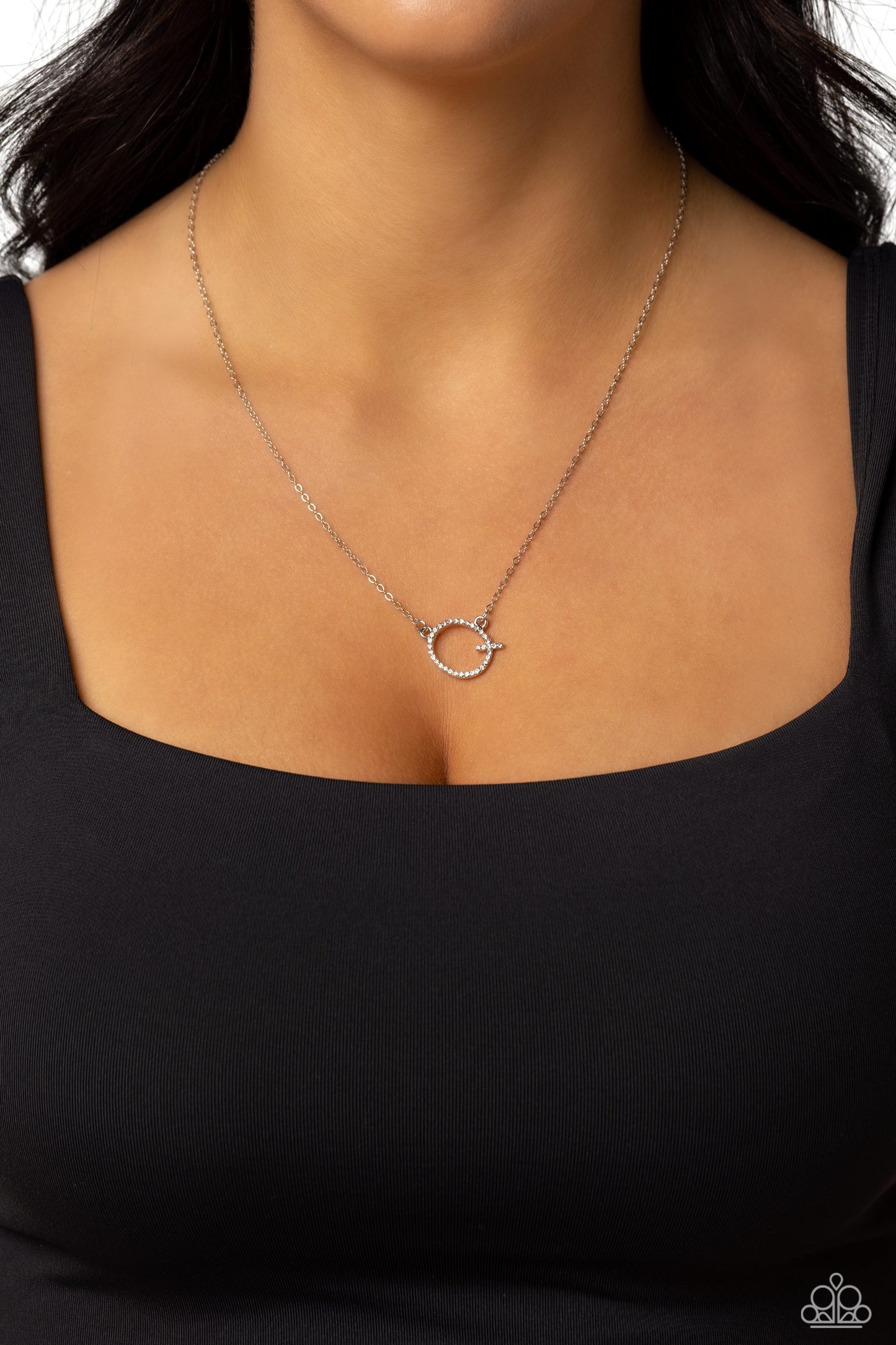 Paparazzi Accessories INITIALLY Yours - Q - White Embossed with dainty white rhinestones, a silver letter "Q" hovers below the collar from a dainty silver chain, for a sentimentally simple design. Features an adjustable clasp closure. Sold as one individu