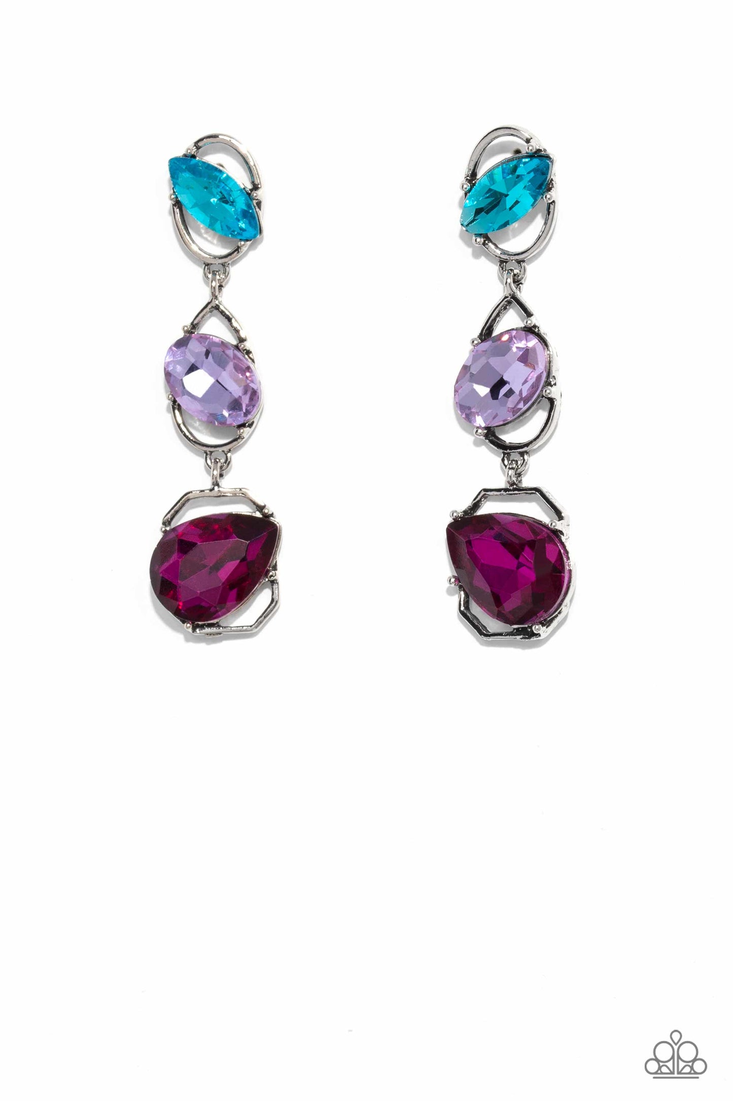 Paparazzi Accessories Dimensional Dance - Multi Linking together to create a geometric lure, a sleek silver oval, teardrop, and emerald-cut frame cascade down the ear. Slanted sideways in pronged settings across each frame, a fuchsia teardrop, purple oval