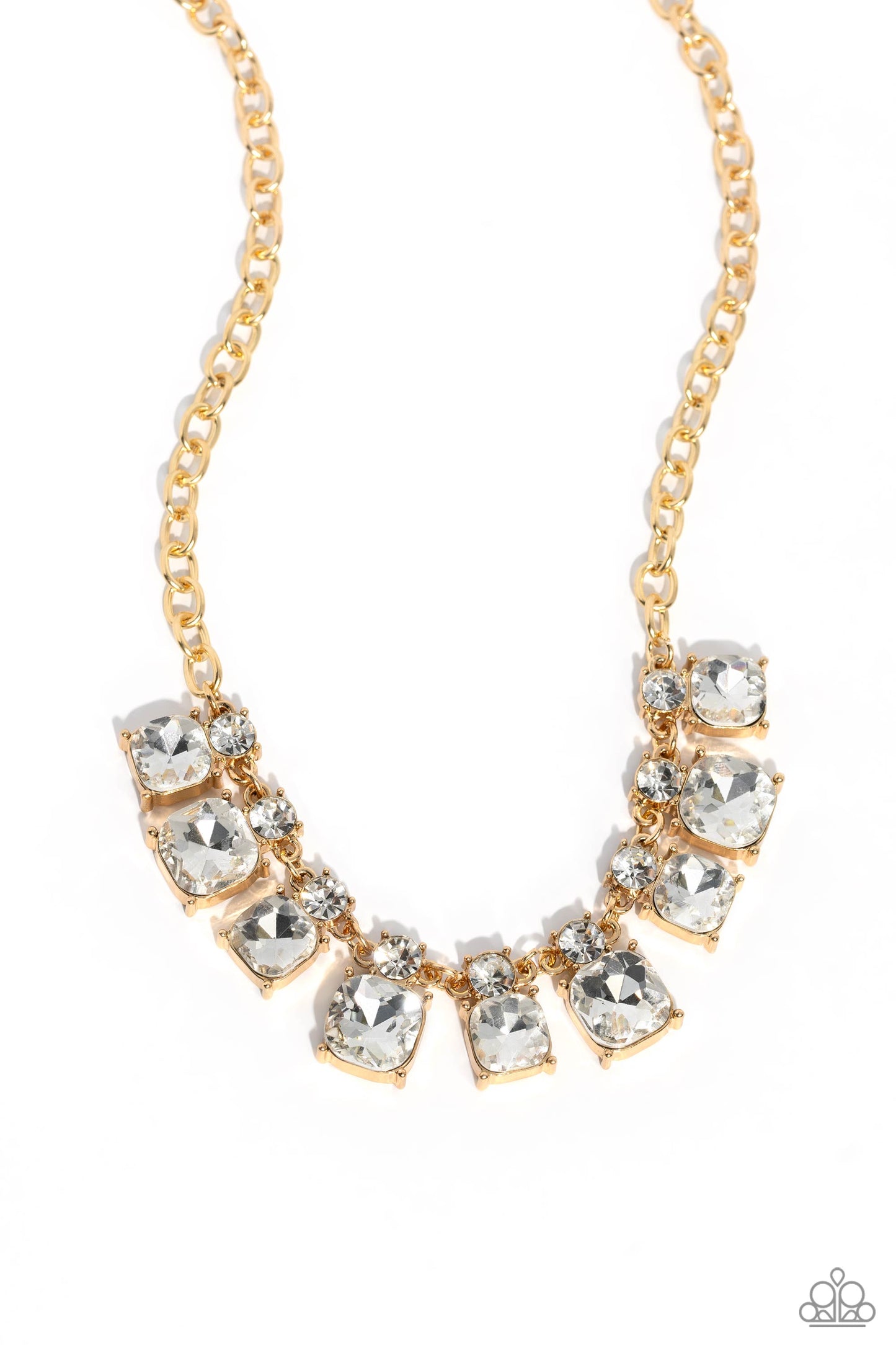 Paparazzi Accessories Fitted Fantasy - Gold Infused along a gold link chain, faceted white gems, in thick gold fittings, alternate in size below the collar. Dainty white gems kiss the tops of the bigger gems for additional light-catching shimmer and shine