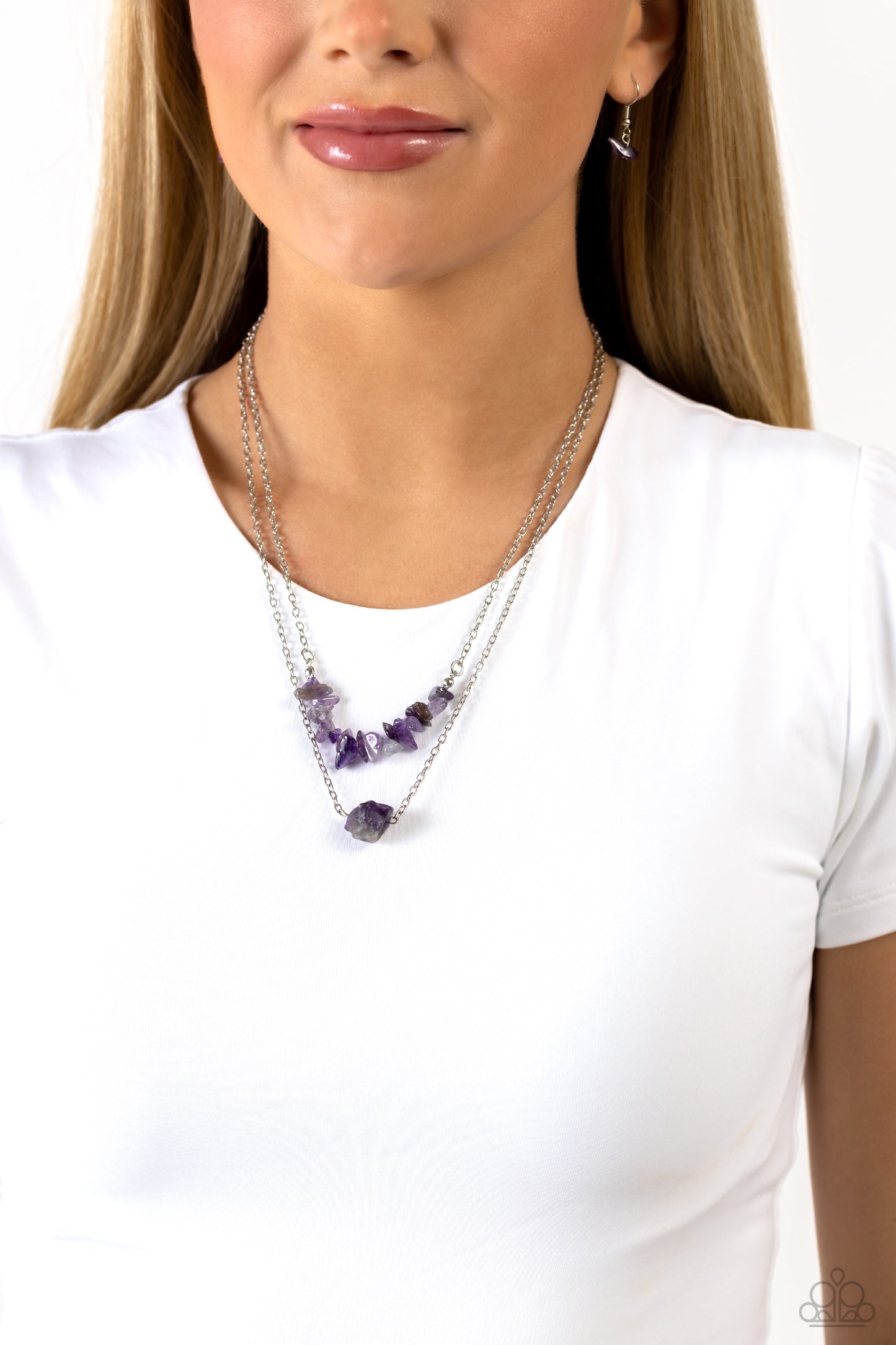 Paparazzi Accessories Chiseled Caliber - Purple Chiseled into a natural collection, a layer of amethyst stones gives way to a large, solitaire amethyst stone pendant, creating earthy layers down the chest. Features an adjustable clasp closure. As the ston