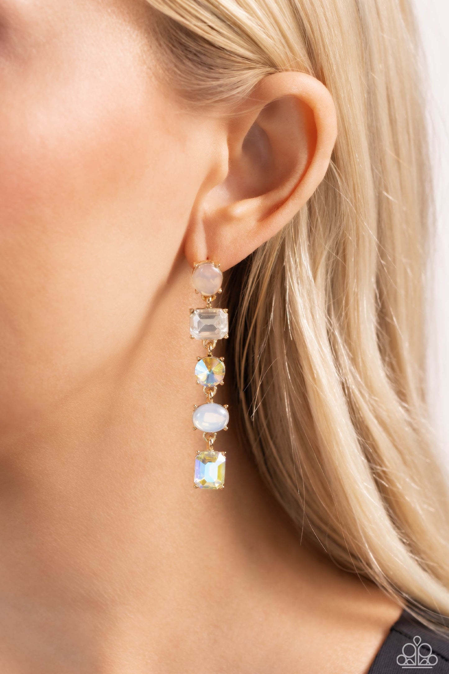 Paparazzi Accessories Sophisticated Stack - Gold Featuring various opacities, sheens, and cuts, five multicolored rhinestones, set in dainty gold pronged settings, stack one over the other, creating a refined lure with a dash of color and sparkle. Earring