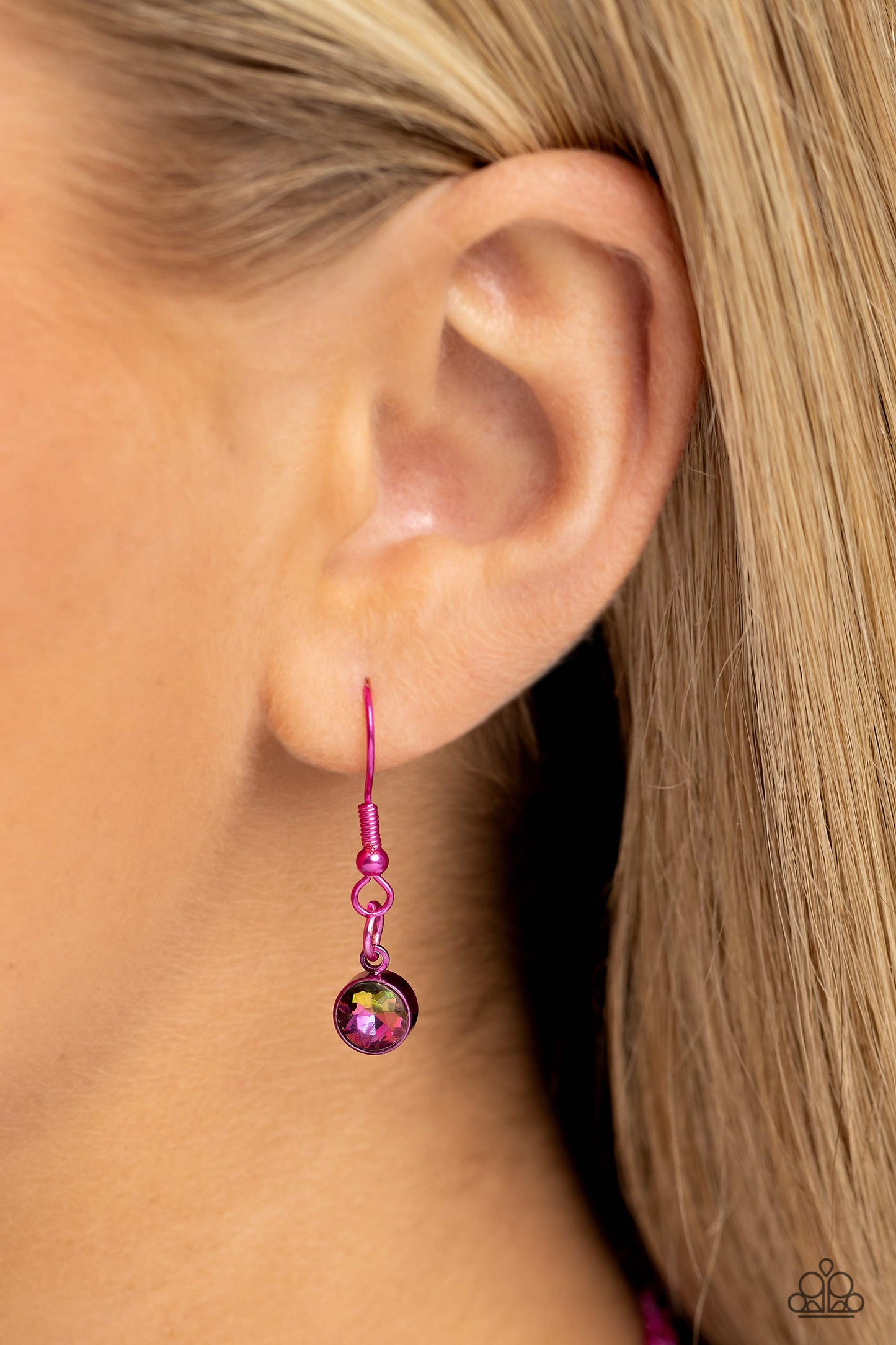 Paparazzi Accessories Combustible Command - Pink Featuring a vivacious pink chain, a collection of pink UV shimmery cushion-cut gems, pressed in vibrant pink frames, coalesces around the collar to create a playful pop of color. Features an adjustable clas