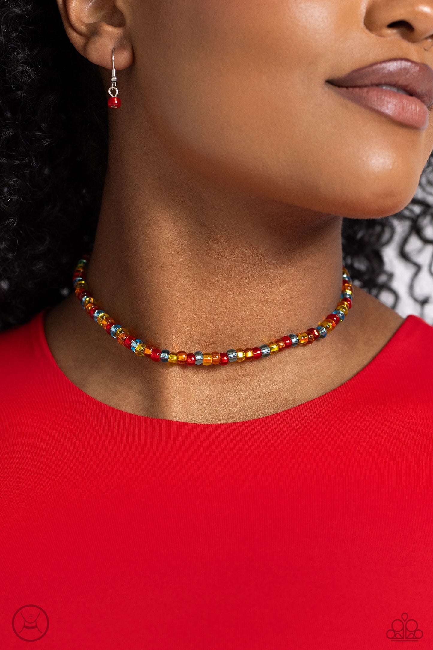Paparazzi Accessories Colorfully GLASSY - Red Stretched along an invisible wire, a collection of glassy red, light blue, yellow, and orange beads circles above the collar for a vibrant pop of color. Features an adjustable clasp closure. Sold as one indivi