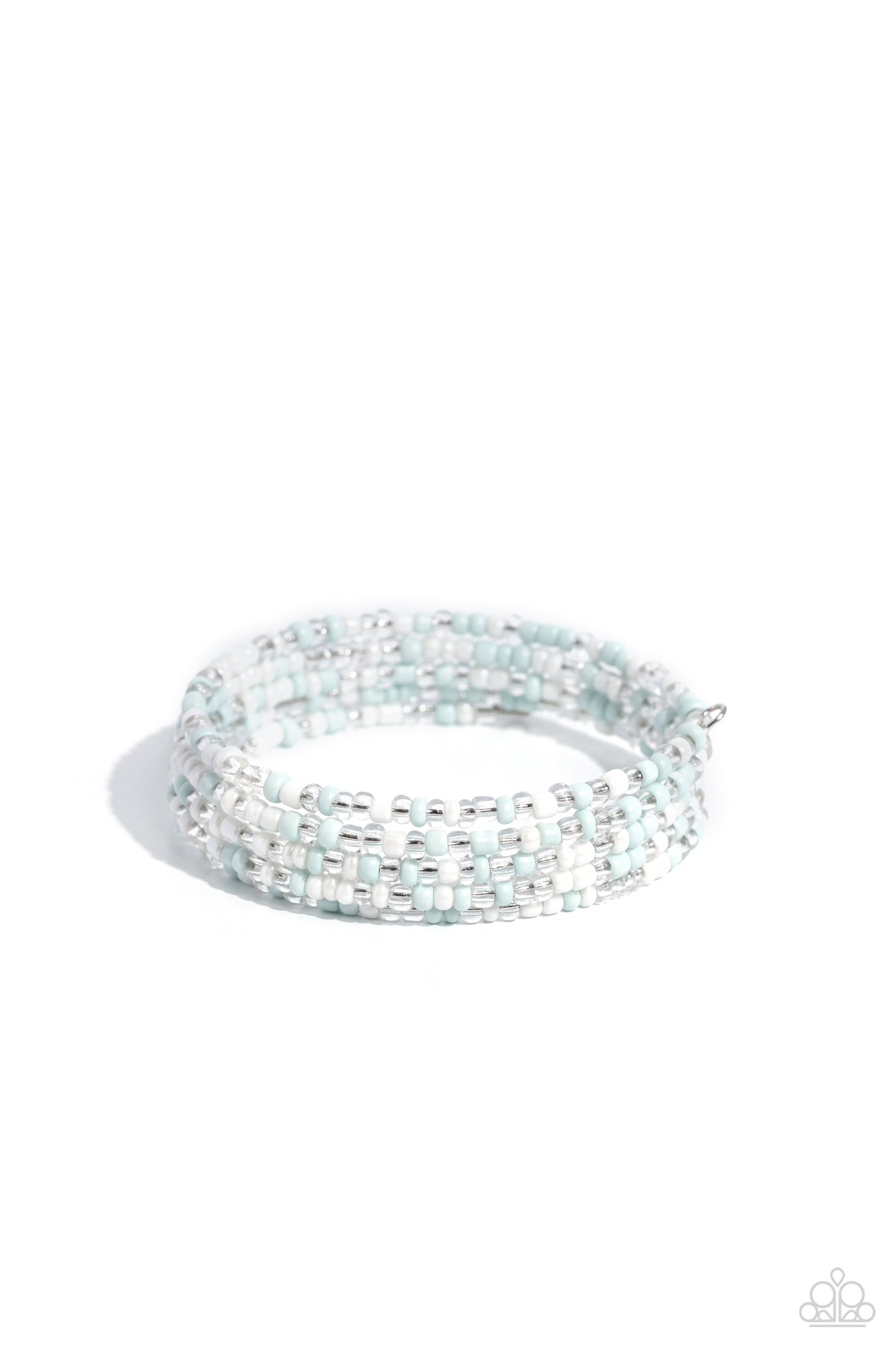 Paparazzi Accessories Coiled Candy - White Row after row of pearly white, clear, and light blue seed beads coil around the wrist, creating a charismatic infinity wrap style bracelet. Sold as one individual bracelet Jewelry