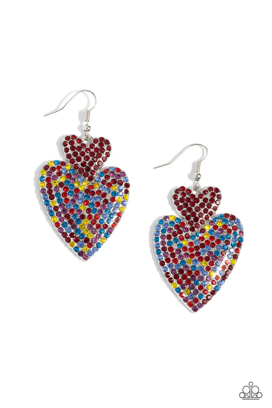 Paparazzi Accessories Flirting Flourish - Red Embossed in dainty rhinestones, a red rhinestone-covered silver heart frame delicately links with a larger silver heart frame featuring red, light red, blue, yellow, and pink rhinestones for a flirtatiously vi