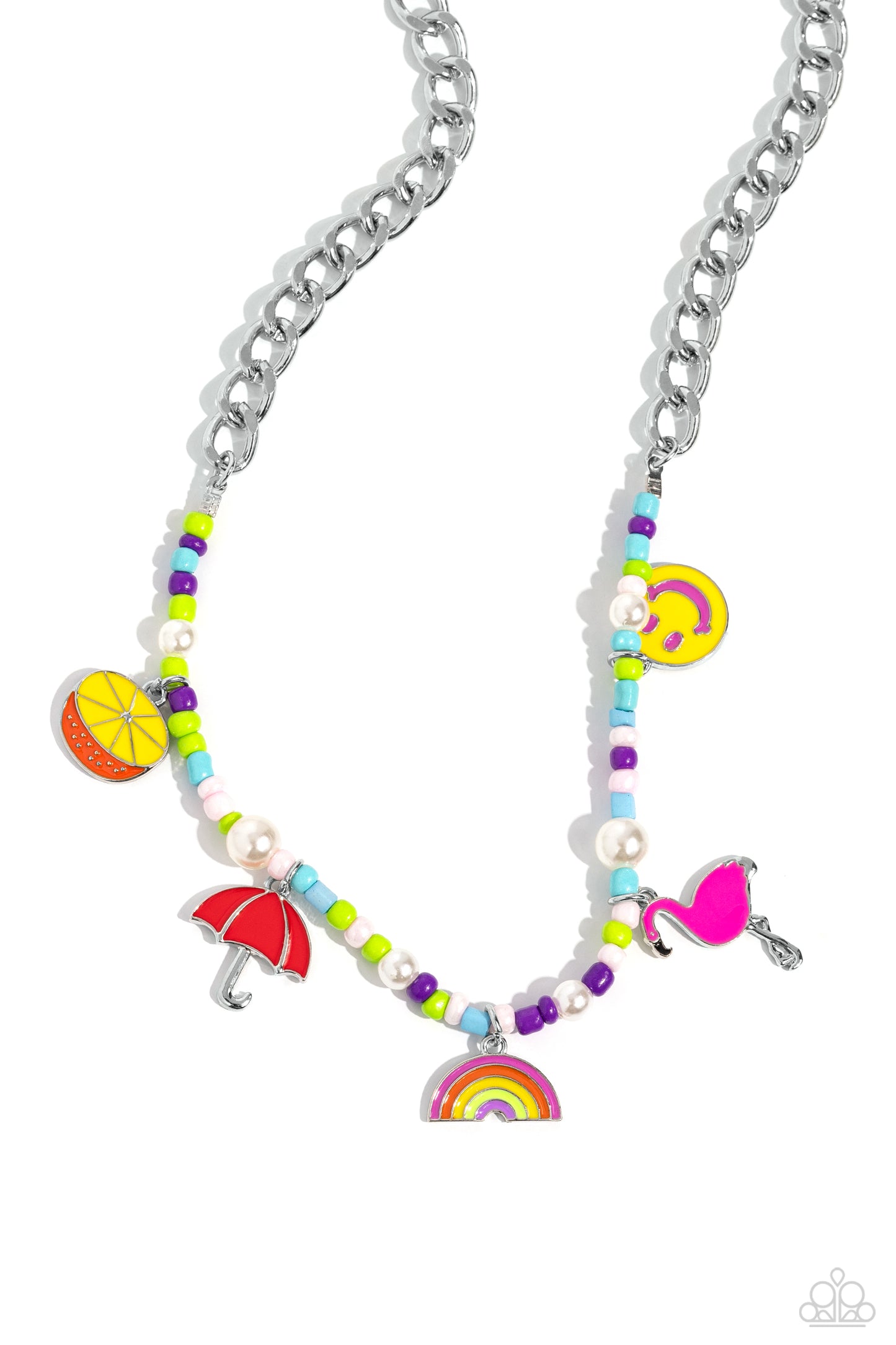 Paparazzi Accessories Summer Sentiment - Multi A thick, flat silver curb chain leads down the neckline to a section of purple, baby pink, light blue, and Kohlrabi seed beads and various-sized white pearls. A collection of seasonal charms gather along the