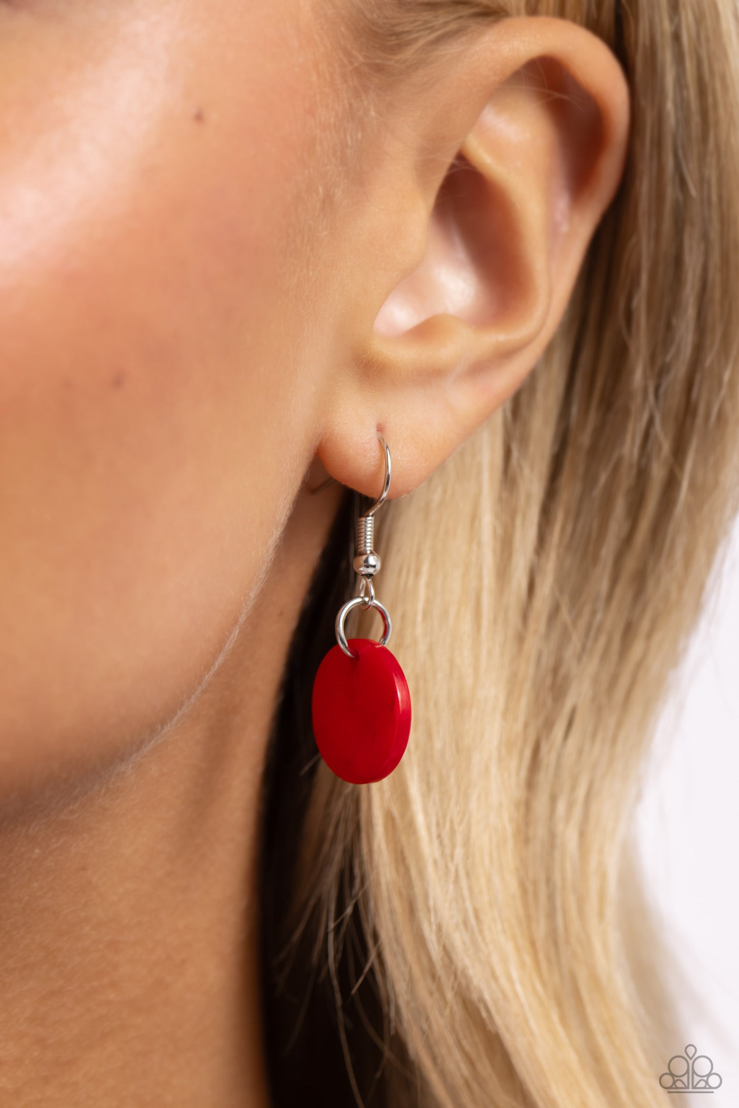 Paparazzi Accessories Shell Sensation - Red Flared between two oversized silver beads, a collection of red shell-like beads give way to sections of silver chains that connect across the chest for a colorful summery look. A lobster clasp hangs from the bot