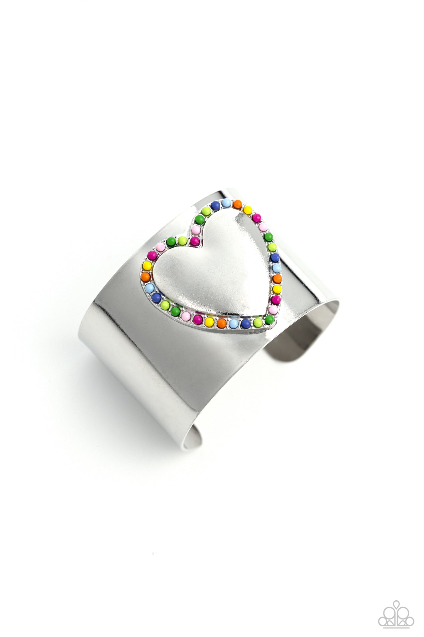 Paparazzi Accessories Cuffing Season - Multi Featuring Rose Violet, light pink, Classic Green, Kohlrabi, Persian Jewel, Summer Song, High Visibility, red, and orange beads, the center of a thick silver cuff swoops and curls into a charming heart, creating