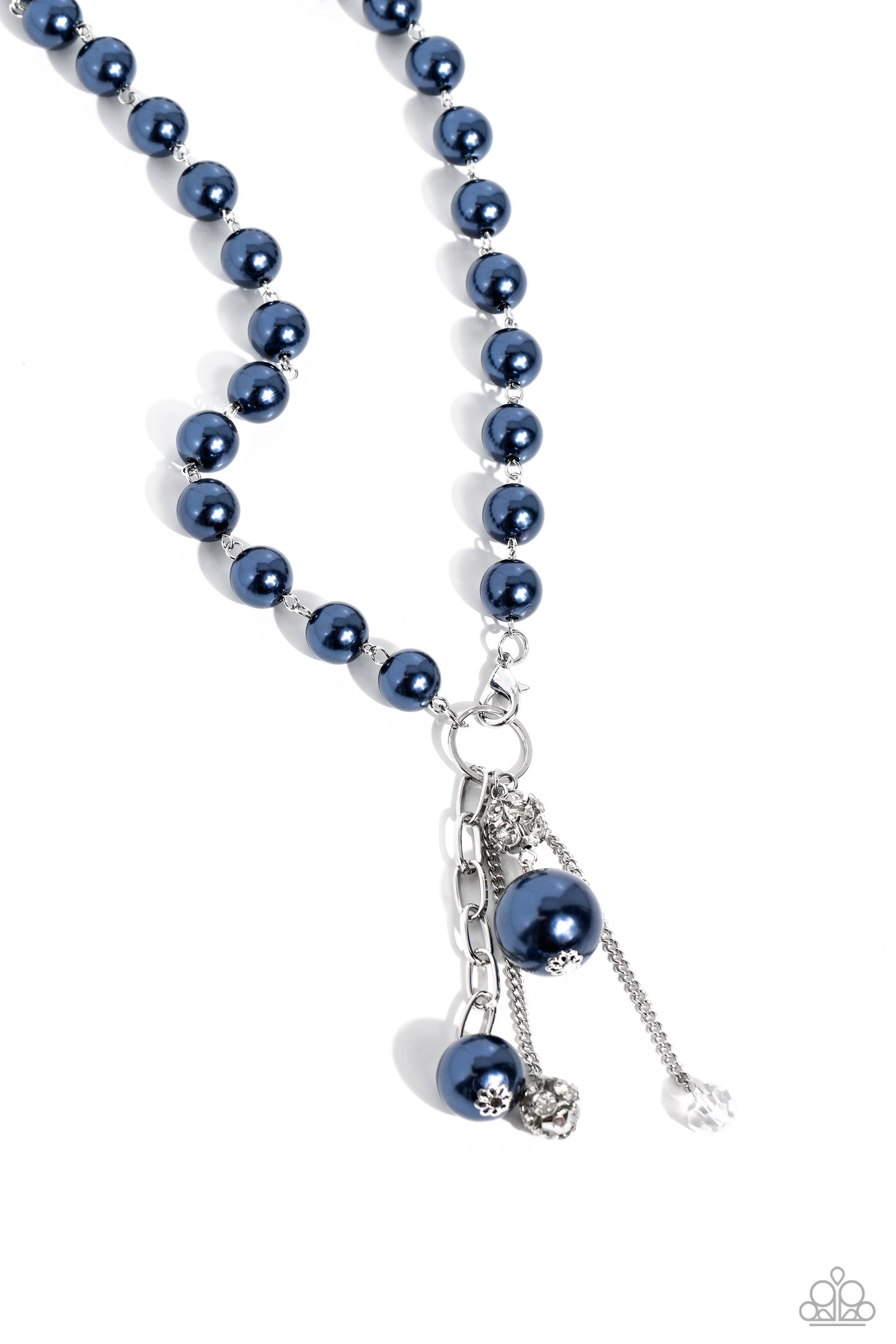 Paparazzi Accessories White Collar Welcome - Blue Montana pearls trickle below the collar attaching to a silver hoop as it nears the center of the chest. Accented with oversized Montana pearls, rhinestone-encrusted beads, faceted clear beads, and strands