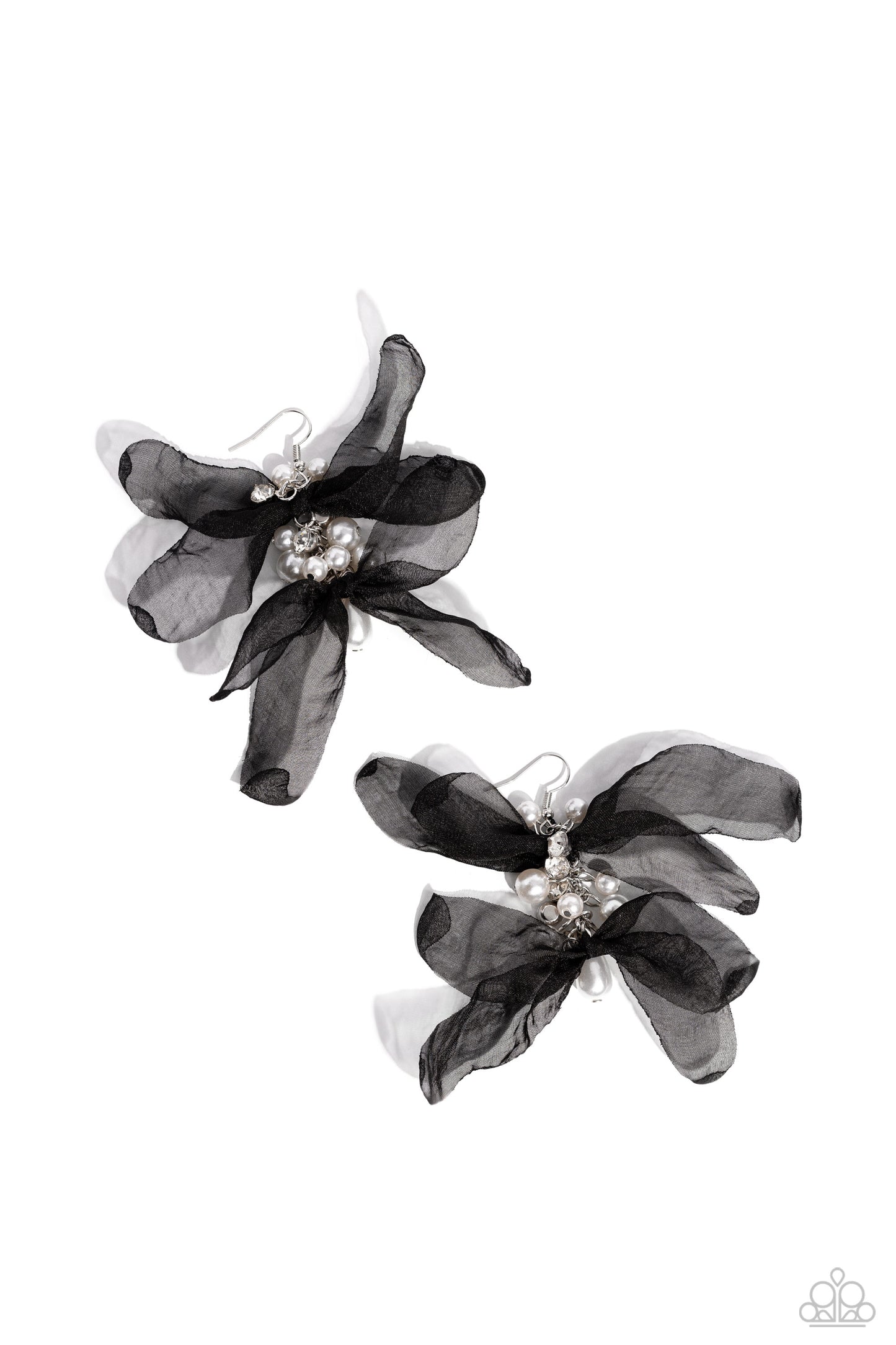 Paparazzi Accessories Cosmopolitan Charisma - Black Featuring a layered motif, elongated black silk petals are separated by a sprinkle of white gems in silver fittings that mingle with a cluster of dreamy white pearls, creating a high-society fringe. Earr