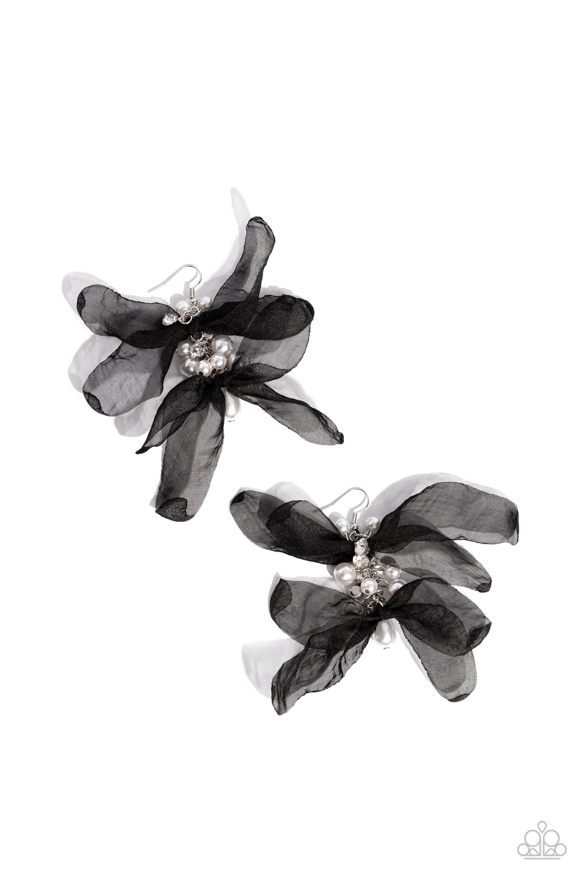 Paparazzi Accessories Cosmopolitan Charisma - Black Featuring a layered motif, elongated black silk petals are separated by a sprinkle of white gems in silver fittings that mingle with a cluster of dreamy white pearls, creating a high-society fringe. Earr
