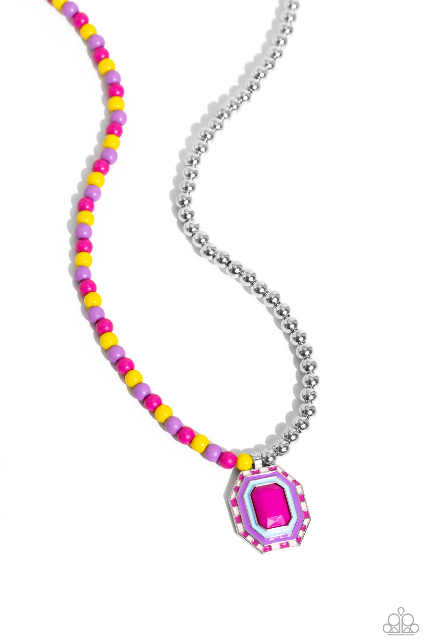 Paparazzi Accessories Contrasting Candy - Multi A strand of silver beads collides with High Visibility, lavender, and Fuchsia Fedora glossy beads that lay on the opposite side to create a contrasting blend of color and sheen. An oversized emerald-cut pend