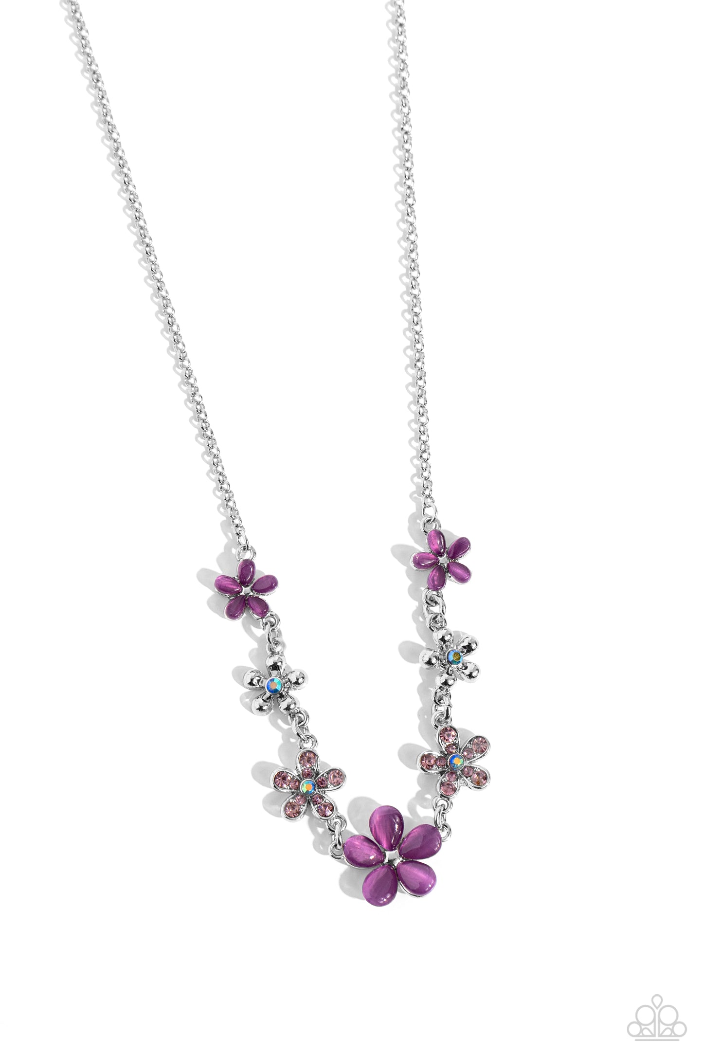 Paparazzi Accessories Spring Showcase - Purple Purple cat's eye stone petals bloom from silver stud centers, linking into various sizes of ethereal blossoms below the collar on a dainty silver chain. Silver-studded petals bloom from blue iridescent rhines