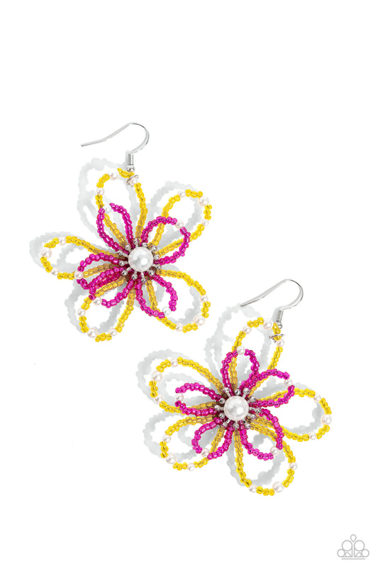 Paparazzi Accessories PEARL Crush - Yellow A glossy white pearl blooms from the center of a layered Pink Peacock and High Visibility glassy seed bead flower, infused with additional dainty white pearls, creating a colorful floral frame. Earring attaches t