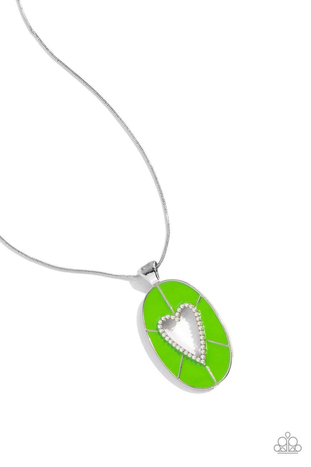 Paparazzi Accessories Airy Affection - Green Featuring Kohlrabi paint, a silver oval pendant with an airy heart silhouette swings from the bottom of a silver snake chain. Dainty white pearls dust along the heart's border for a refined flair. Features an a