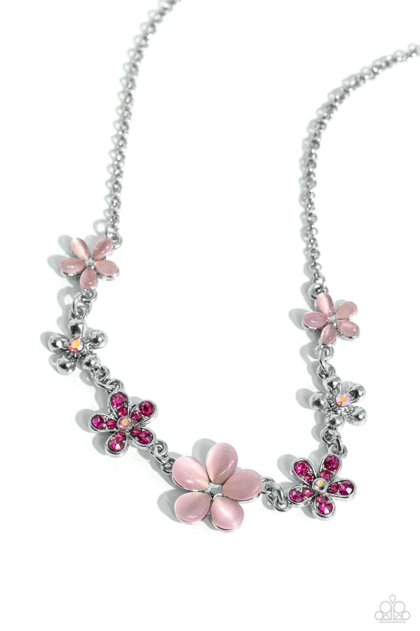 Paparazzi Accessories Spring Showcase - Pink Pink cat's eye stone petals bloom from silver stud centers, linking into various sizes of ethereal blossoms below the collar on a dainty silver chain. Silver-studded petals bloom from pink iridescent rhinestone