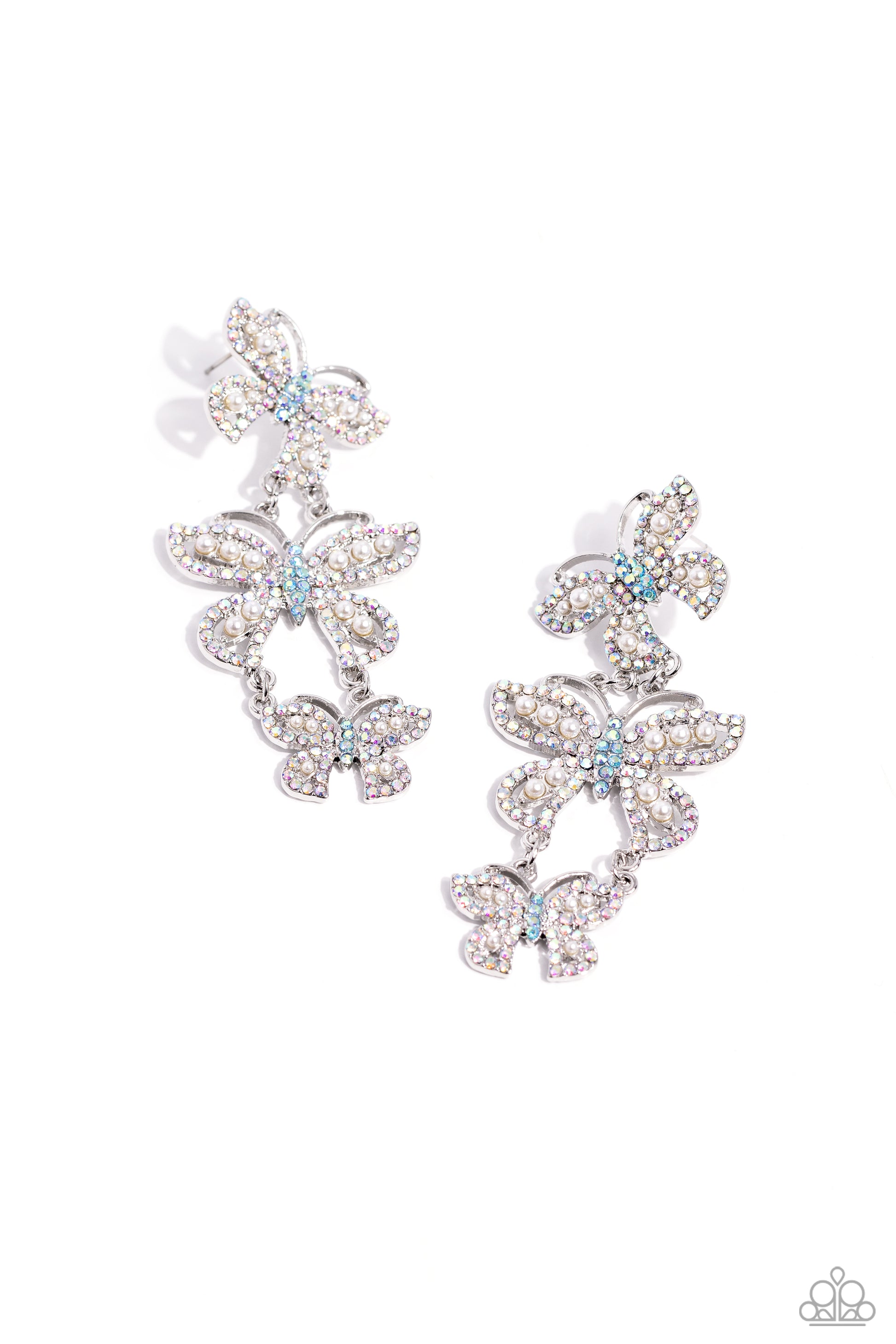 Paparazzi Accessories Fluttering Finale - Multi An airy trio of silver butterflies of various sizes link into a whimsical lure. Each butterfly's wings have been dipped in iridescent rhinestones and white pearls, while the bodies are dipped in blue iridesc