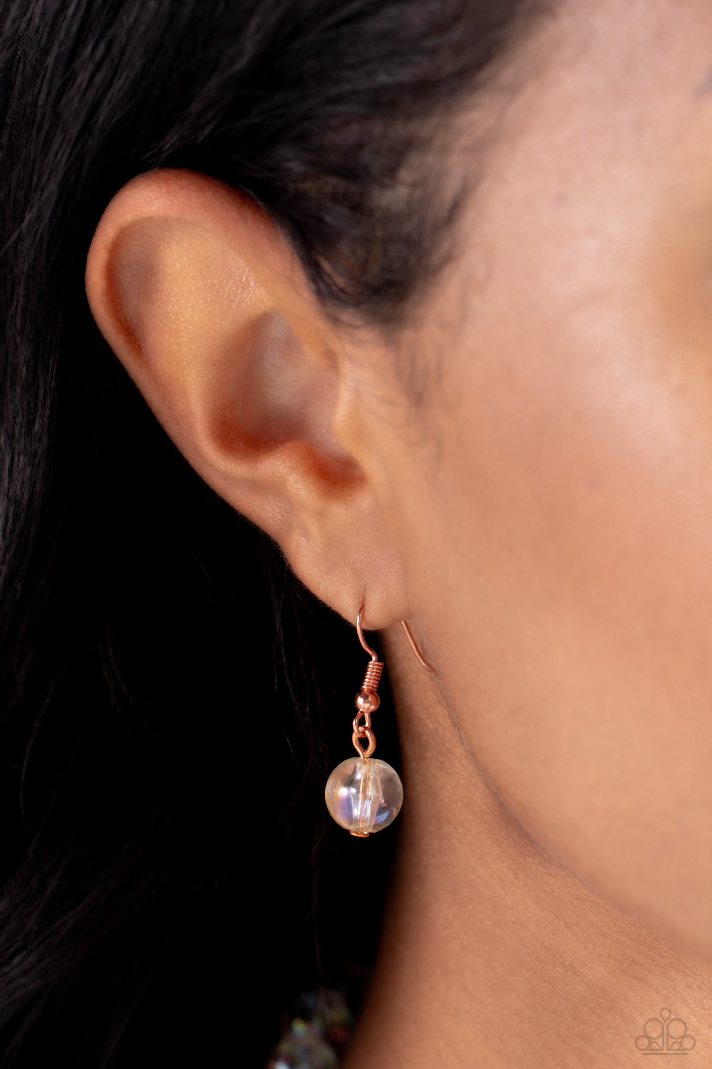 Paparazzi Accessories Turn Back the LOCK - Copper Layered atop a bold shiny copper elongated curb chain, a strand of clear beads featuring an iridescent shimmer is threaded along an invisible wire below the collar, resulting in a colorfully layered design