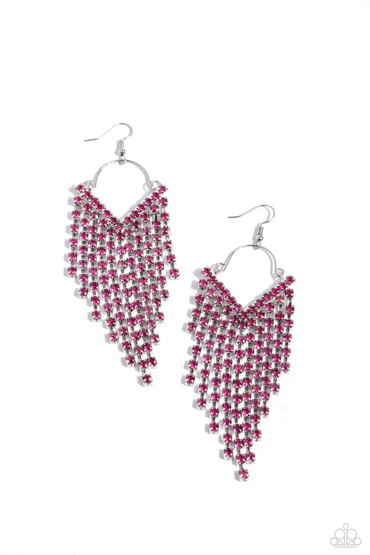 Paparazzi Accessories V Fallin - Pink Attached to a dainty silver wire fitting, strands of glittery fuchsia rhinestones pressed in sleek silver fittings freefall from the ear into an edgy v-shaped cascade for a bold look. Earring attaches to a standard fi