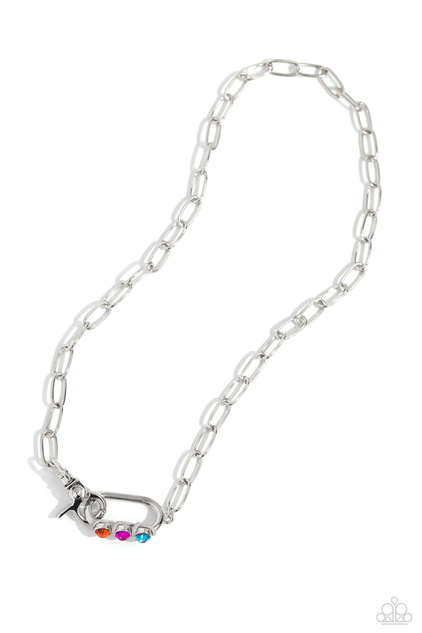 Paparazzi Accessories Dont Want to Miss a STRING - Silver Sleek, elongated silver links lead the eye down to an oversized silver carabiner frame. Encrusted along the bottom curve of the silver hardware, a trio of multicolored gems, woven across gray cordi