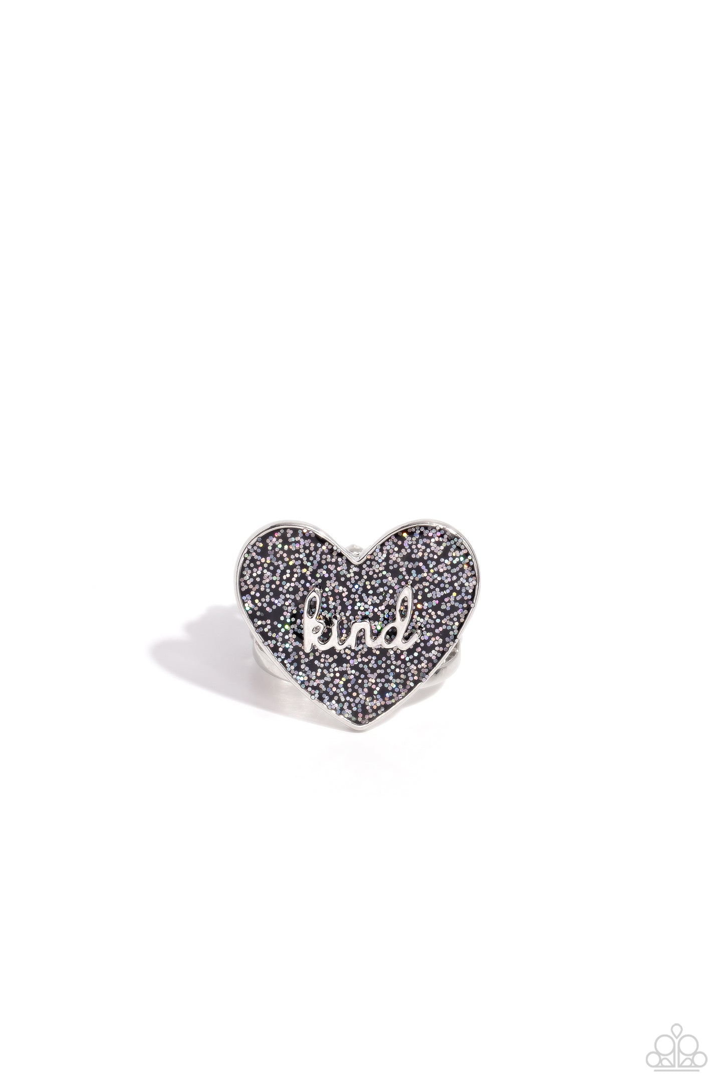 Paparazzi Accessories Compassionate Couture - Black Brushed in a glittery iridescent finish, a black heart frame rests atop airy silver bands for a retro glamorous look. The word "kind" is centered atop the heart frame for an optimistic finish. Features a