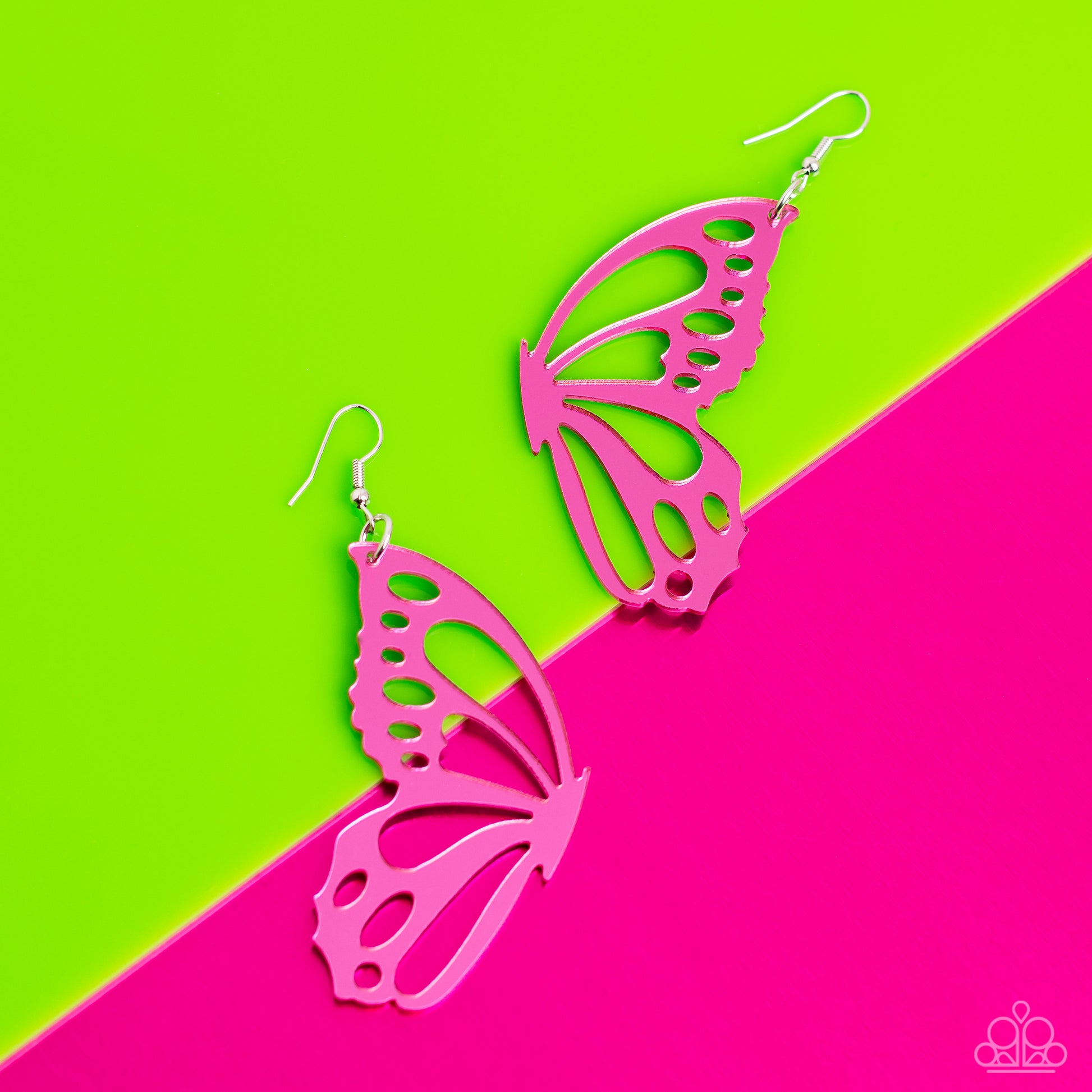 Paparazzi Accessories WING of the World - Pink Splashed in a metallic pink hue, an oversized butterfly wing with airy cutout details dangles from the ear, creating a whimsically colorful sight. Earring attaches to a standard fishhook fitting. Sold as one