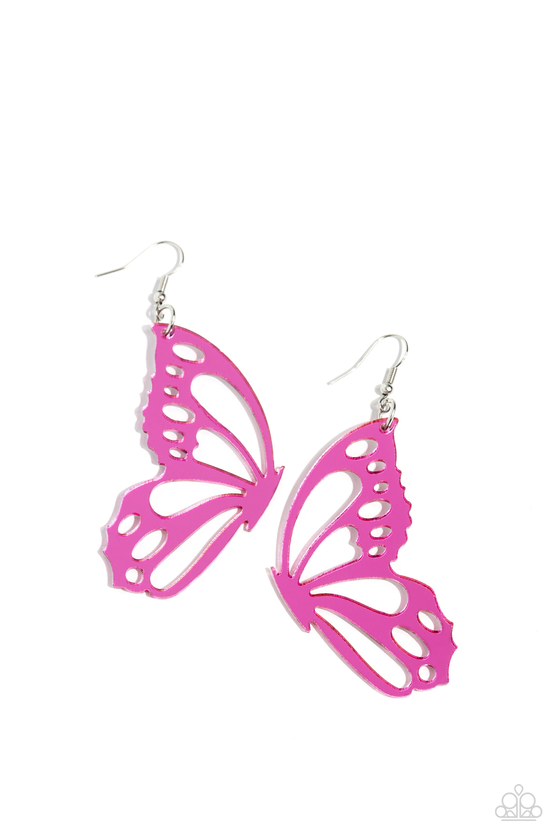 Paparazzi Accessories WING of the World - Pink Splashed in a metallic pink hue, an oversized butterfly wing with airy cutout details dangles from the ear, creating a whimsically colorful sight. Earring attaches to a standard fishhook fitting. Sold as one