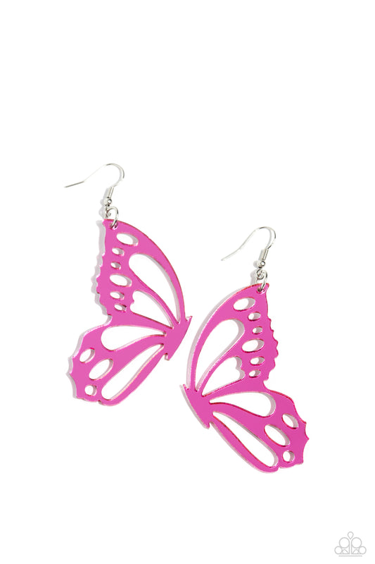 Paparazzi Accessories WING of the World - Pink Splashed in a metallic pink hue, an oversized butterfly wing with airy cutout details dangles from the ear, creating a whimsically colorful sight. Earring attaches to a standard fishhook fitting. Sold as one