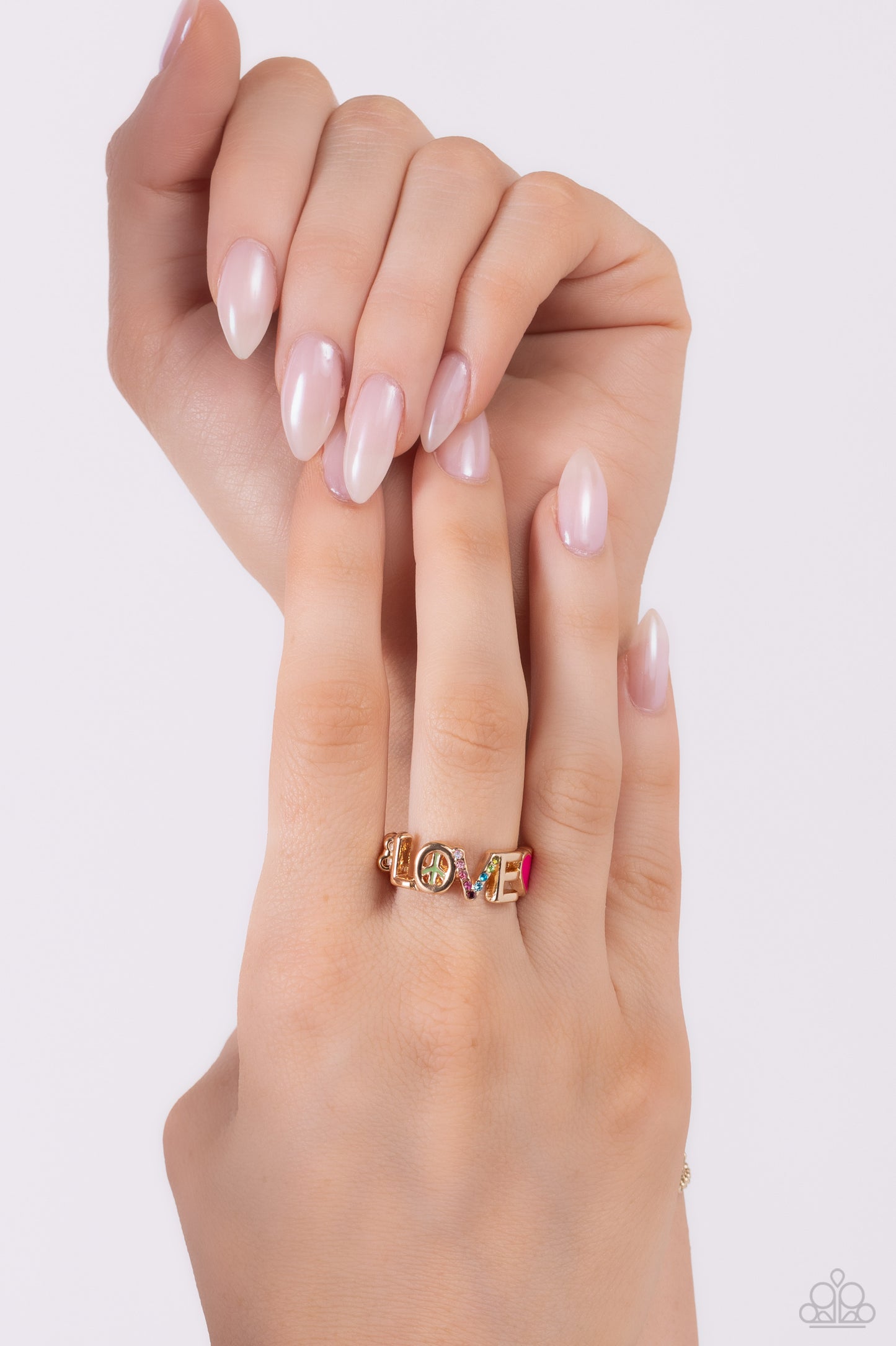 Paparazzi Accessories Unlimited Love - Gold Glistening silver letters arc across the finger, forming the word "LOVE" for a causally romantic finish. The letter "O" features a Classic Green-painted peace sign, the letter "V" features various shades of mult