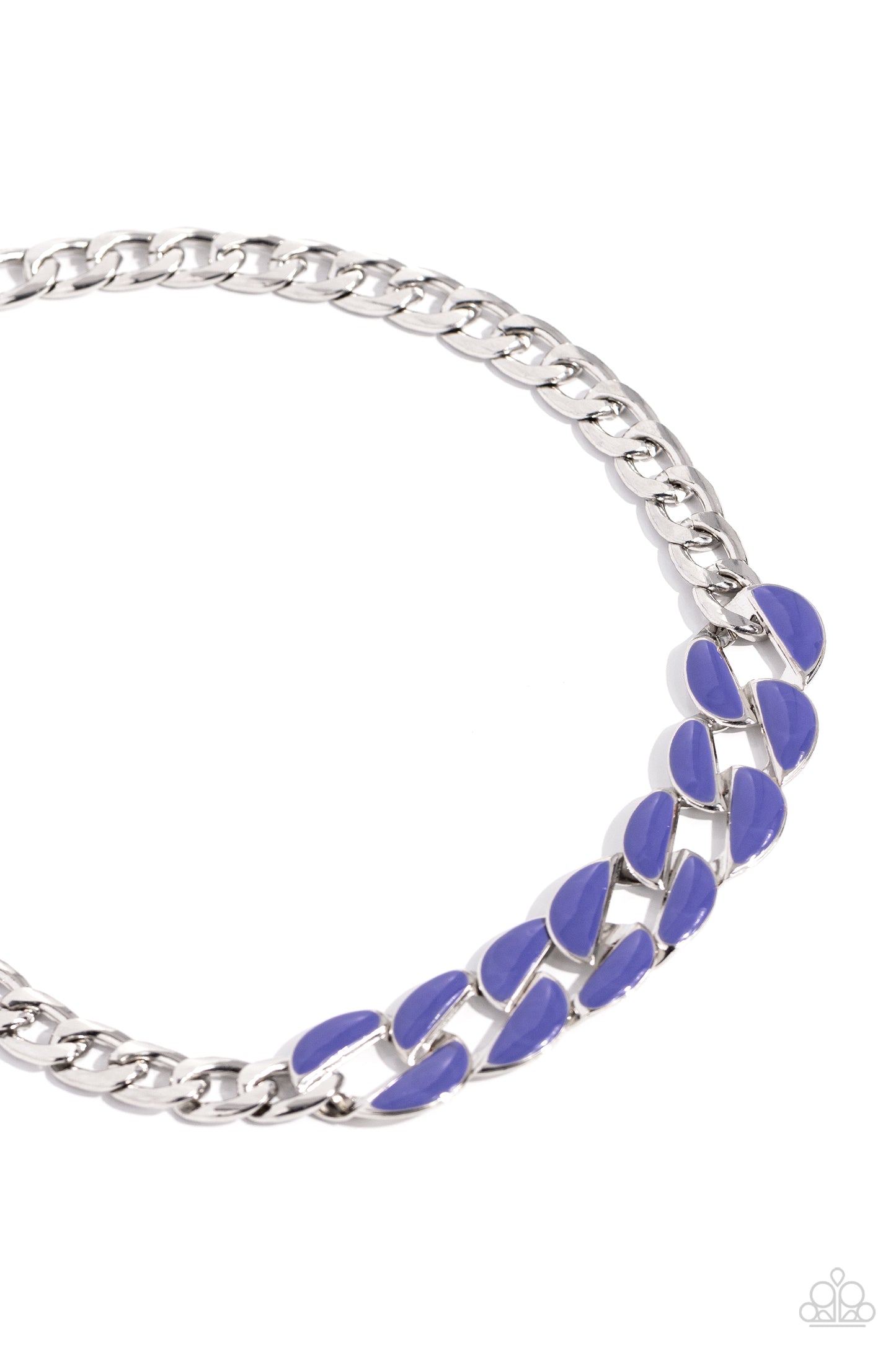 Paparazzi Accessories CURB Craze - Blue Brushed in a Persian Jewel finish, a collection of oversized silver curb chain links combines with a strand of silver curb chain to dramatically drape down the neckline for a bold yet colorful look. Features an adju