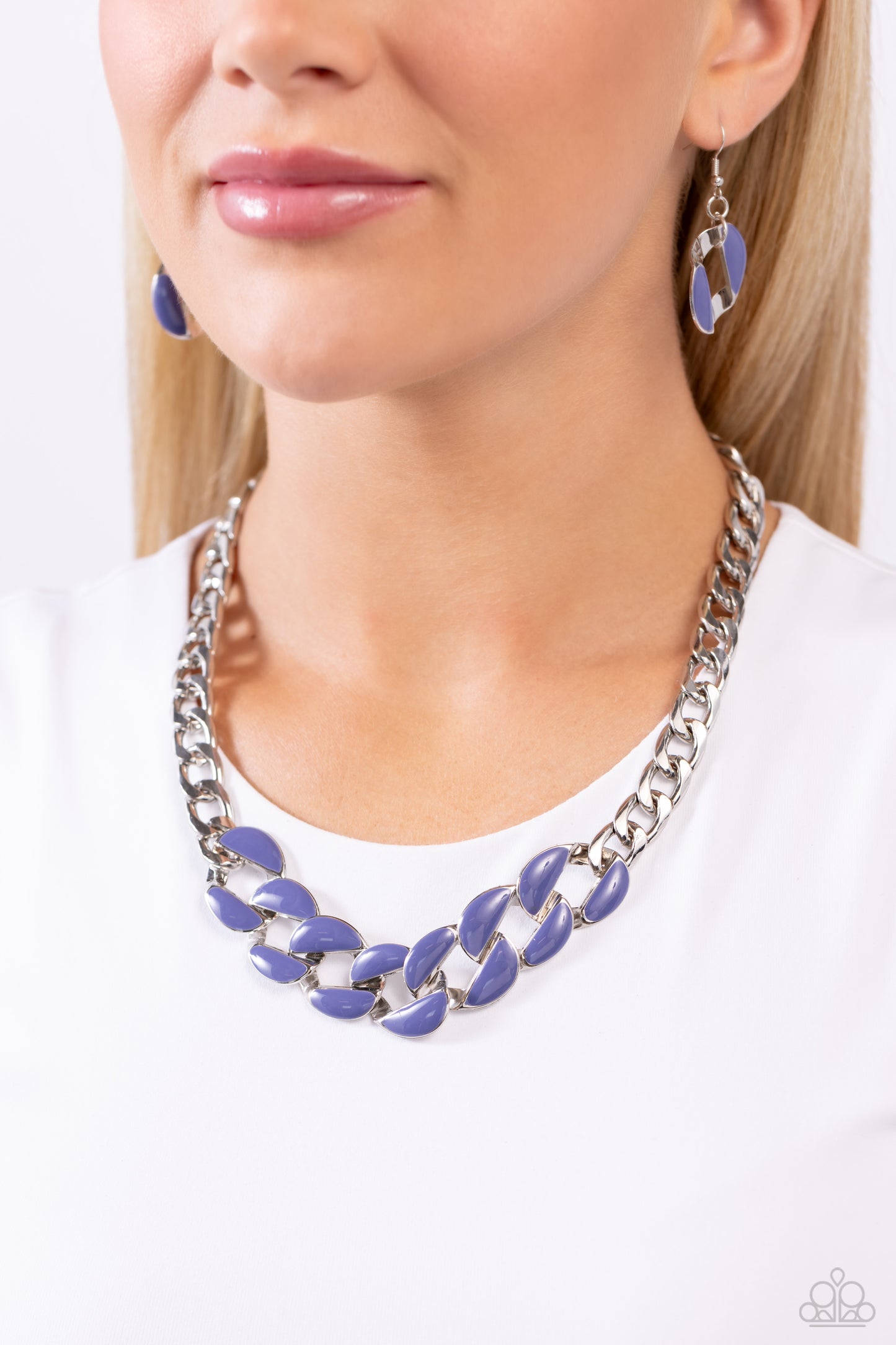Paparazzi Accessories CURB Craze - Blue Brushed in a Persian Jewel finish, a collection of oversized silver curb chain links combines with a strand of silver curb chain to dramatically drape down the neckline for a bold yet colorful look. Features an adju