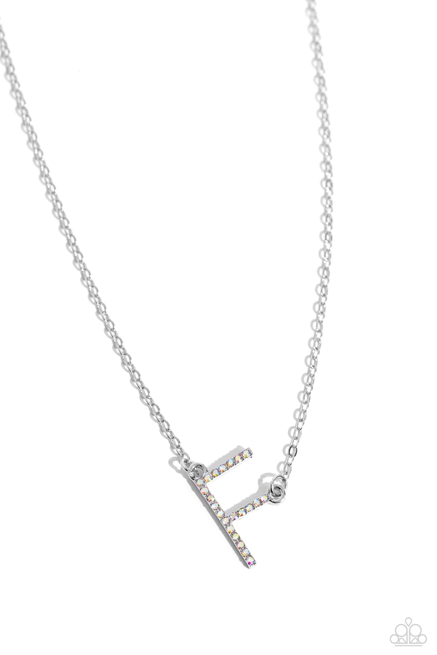 Paparazzi Accessories INITIALLY Yours - F - Multi Embossed with dainty iridescent rhinestones, a silver letter "F" hovers below the collar from a dainty silver chain, for a sentimentally simple design. Features an adjustable clasp closure. Due to its pris