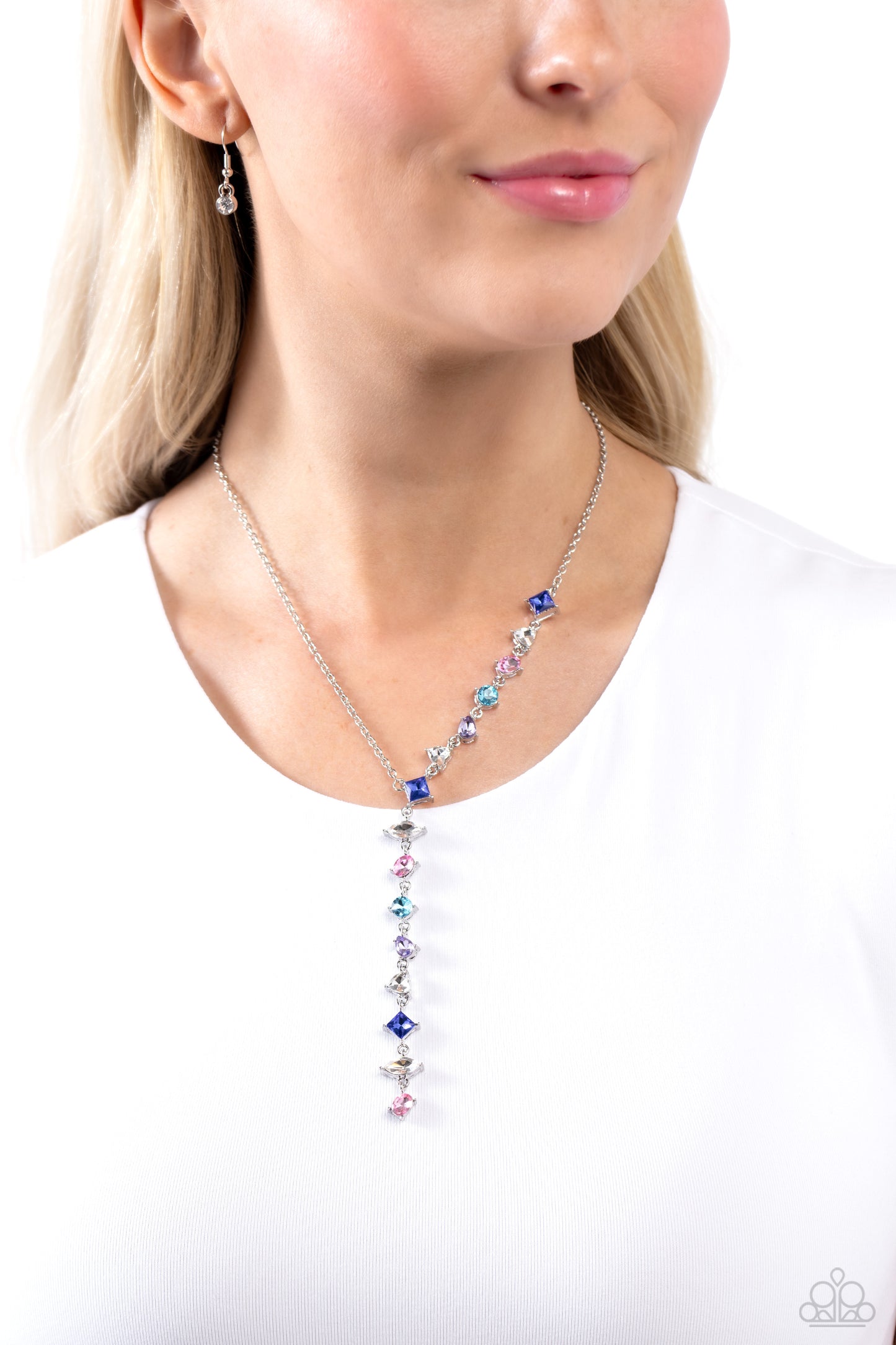 Paparazzi Accessories Diagonal Daydream - Multi Featuring a pronged fitting, a collection of multicolored square-cut, heart, oval, round, and teardrop gems cascade down the neckline in a diagonal pattern, creating an intense, incandescent statement piece.
