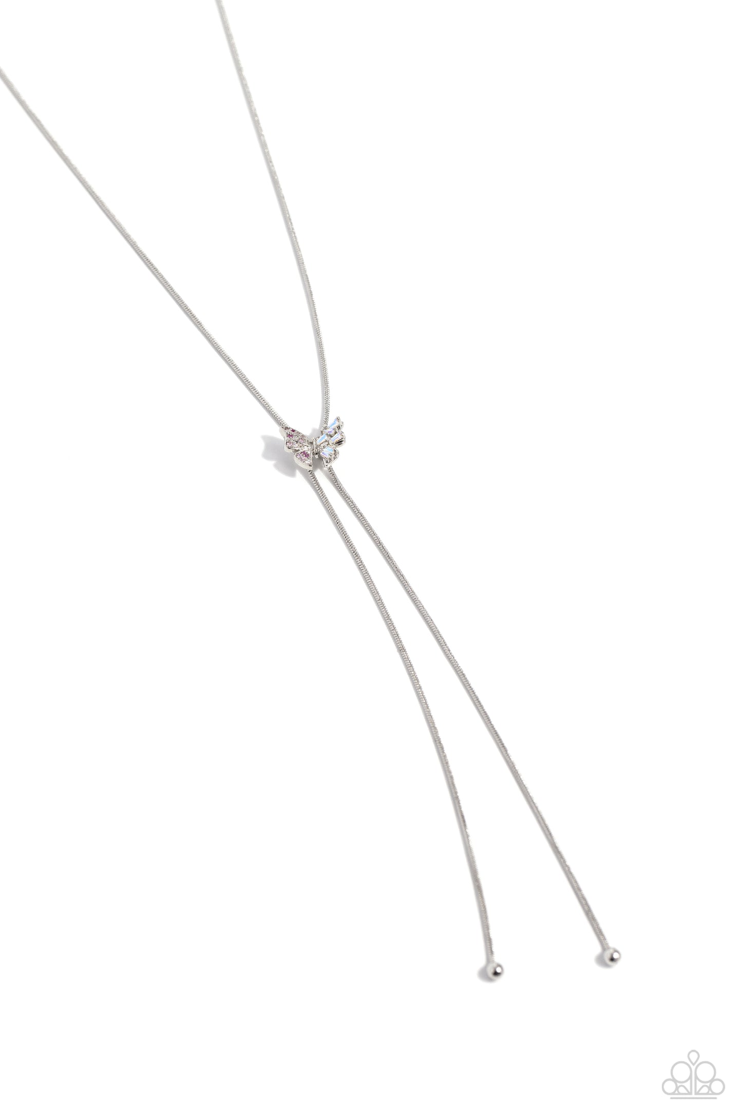 Paparazzi Accessories Adjustable Alliance - Pink Dotted with various dainty pink rhinestones on one wing and chiseled iridescent pieces on the other, a dainty silver butterfly flutters along a strand of silver snake chain, creating a wildly whimsical adju