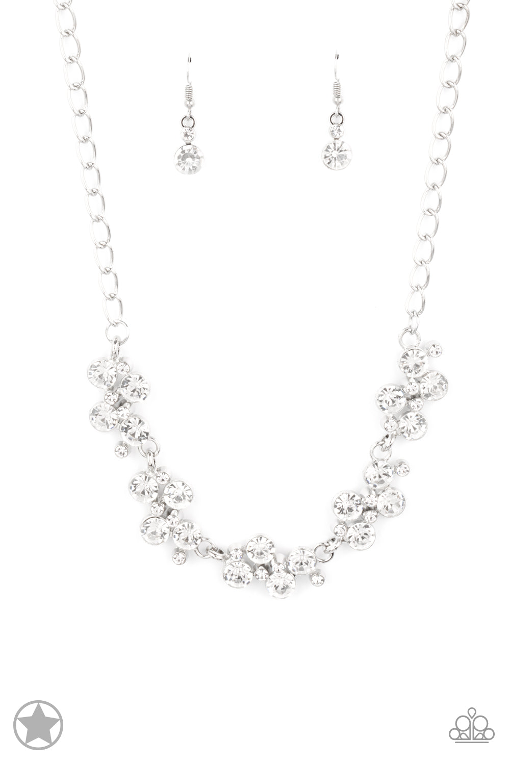 Paparazzi Accessories Hollywood Hills - White A row of dazzling white rhinestones drapes along the neckline, creating a sparkling display. Daintier white rhinestones are sprinkled along the clusters, adding luminous detail to the timeless design. Features