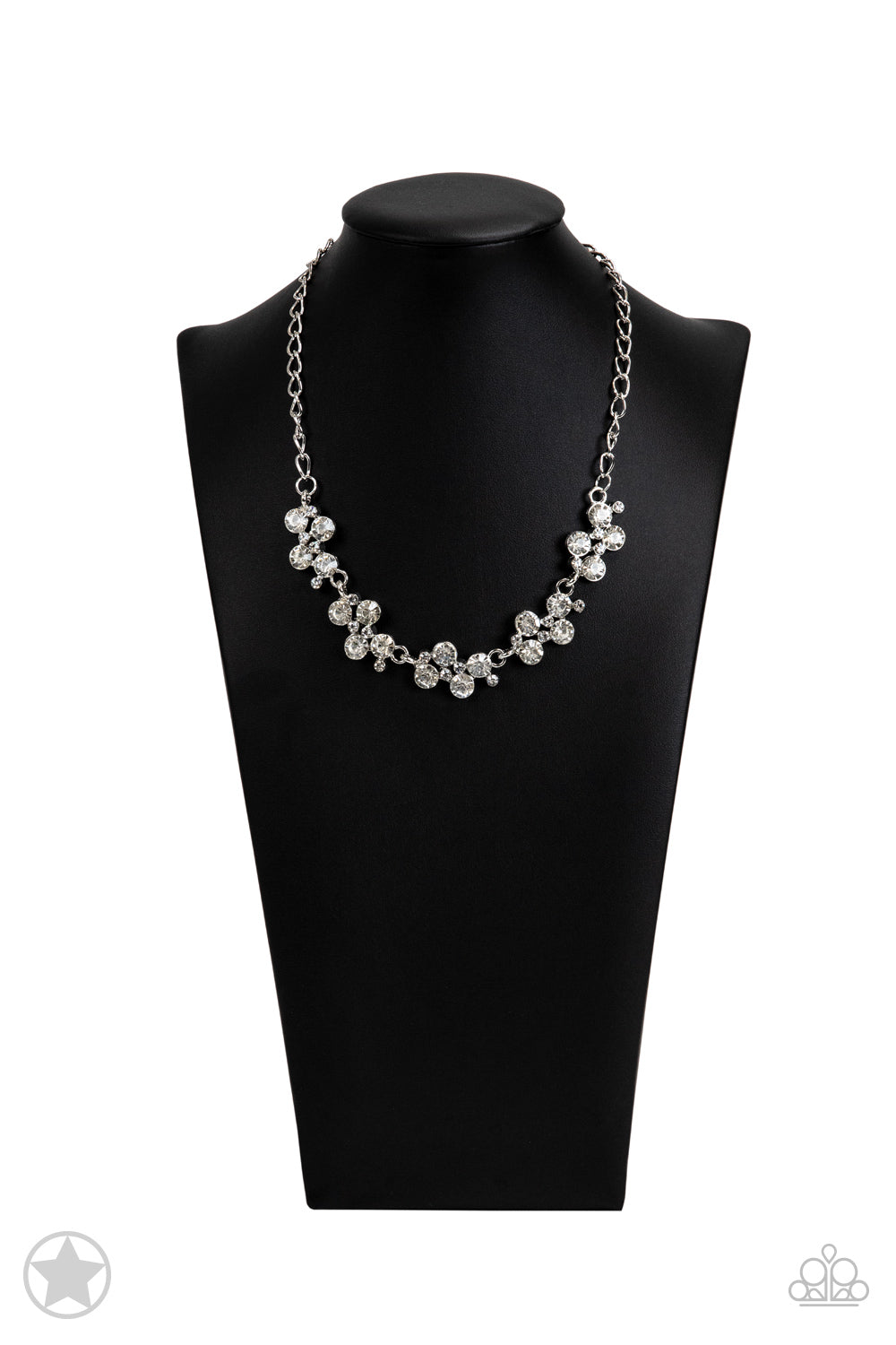 Paparazzi Accessories Hollywood Hills - White A row of dazzling white rhinestones drapes along the neckline, creating a sparkling display. Daintier white rhinestones are sprinkled along the clusters, adding luminous detail to the timeless design. Features