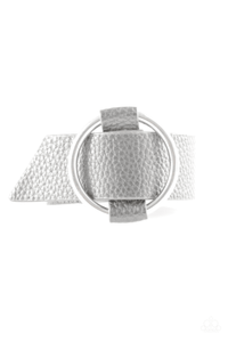 Paparazzi Accessories Simply Stylish - Silver Brushed in a gray finish, a strip of textured leather loops through a circular fitting for a simplistic look. Jewelry