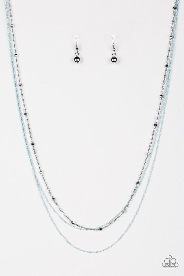Paparazzi Accessories Colorfully Chic - Blue Painted in a refreshing blue finish, dainty ball-chains and a shimmery silver satellite chain drapes across the chest for a colorful industrial look. Features an adjustable clasp closure. Sold as one individual